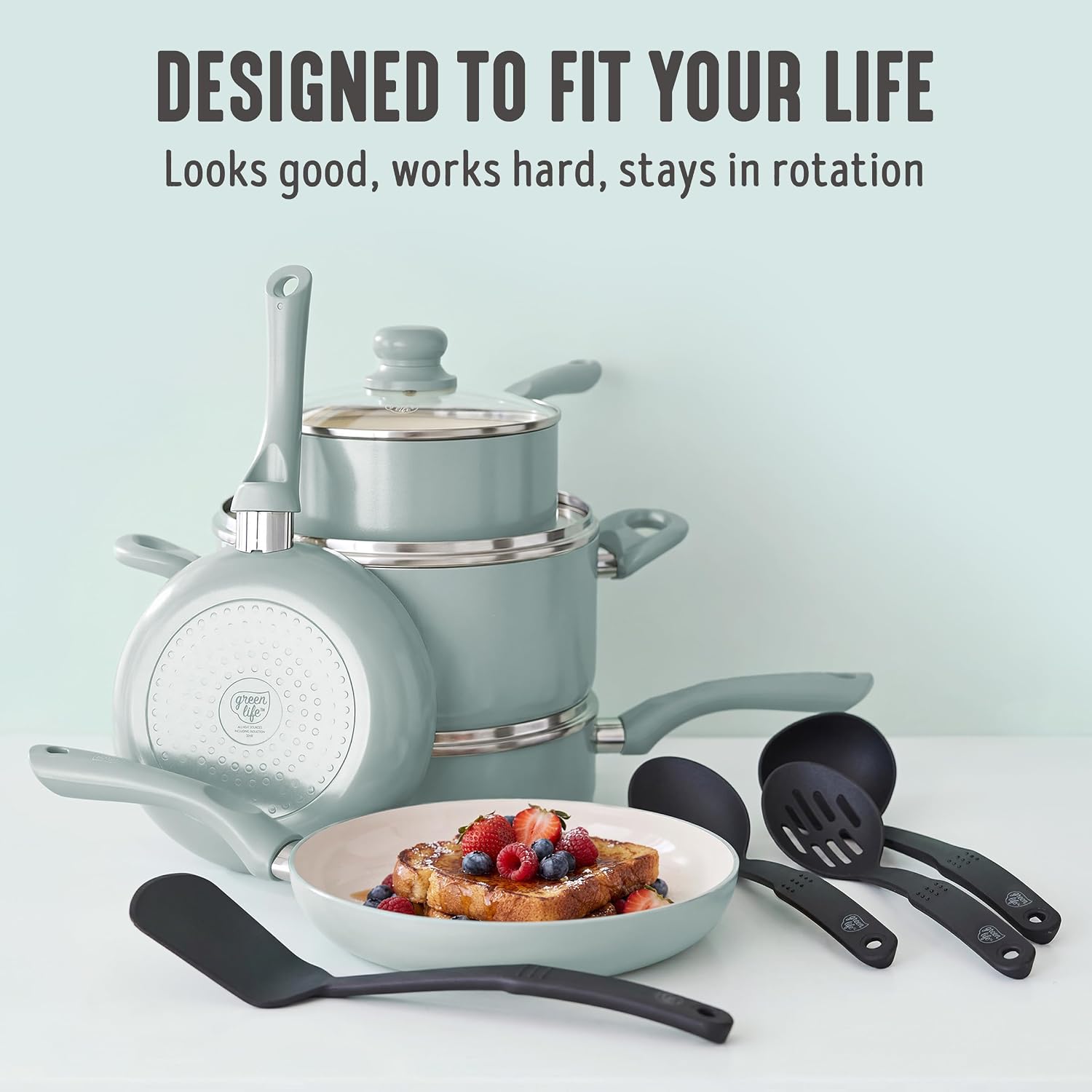 GreenLife 16 Piece Ceramic Nonstick Pots & Pans Cookware Set, Turquoise | PFAS-Free Ceramic Nonstick, Stockpot, Frying Pans, Saucepans, Sauté Pan, Stay-Cool Handles, Dishwasher & Oven Safe up to 350F