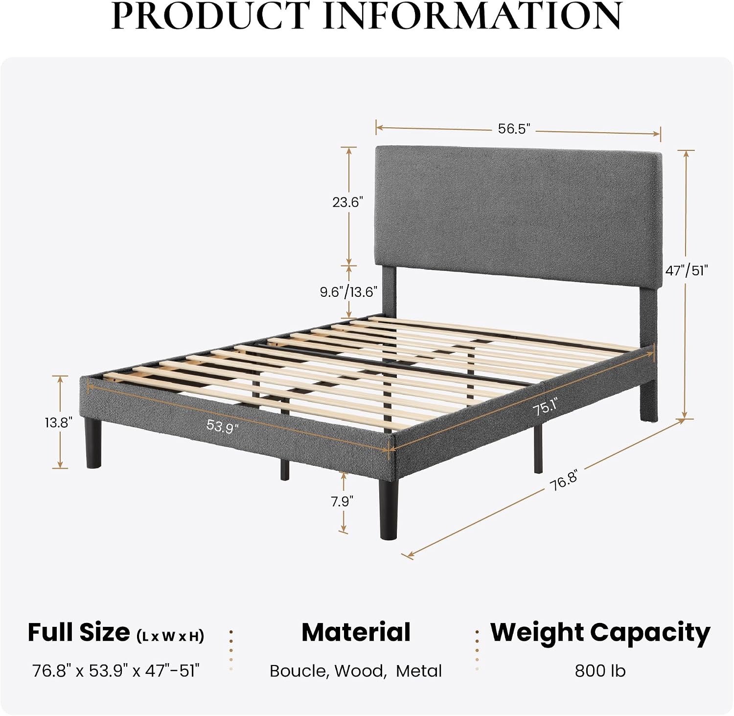 SHA CERLIN Boucle Upholstered Queen Size Bed Frame, White | Platform Bed with Adjustable Headboard, Wooden Slats Support, No Box Spring Needed, Noise-Free, Easy Assembly