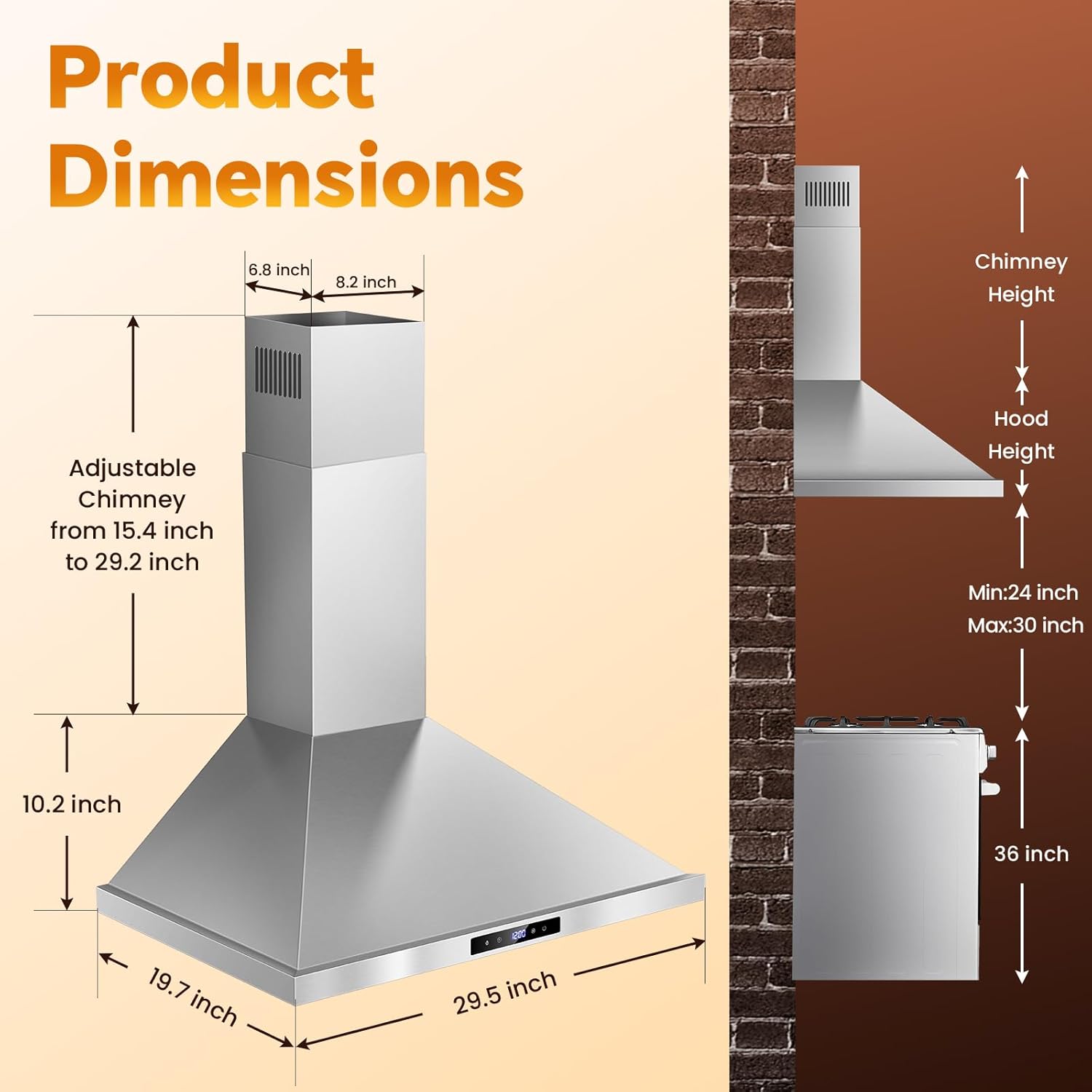 Tieasy Wall Mount Range Hood 30 inch Kitchen Hood 700 CFM with Ducted/Ductless Convertible Duct, Touch Control, Permanent Filters, Stainless Steel