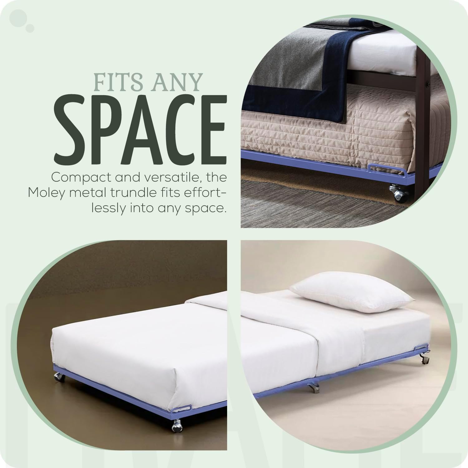 2K Furniture Designs - Twin Size Black Metal Roll Out Trundle Bed Frame for Daybed | Space-Saving Guest Bed - Slides Under Daybeds for Overnight Visitors, Dorms, and Small Spaces