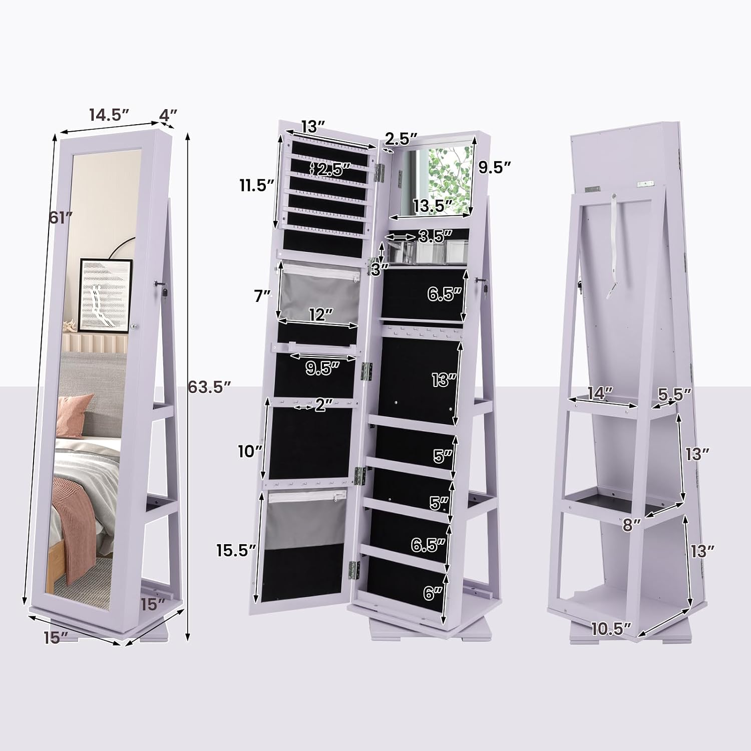 CHARMAID 360° Swivel Jewelry Armoire with Higher Full Length Mirror, Standing Lockable Jewelry Cabinet Organizer with Large Storage Capacity