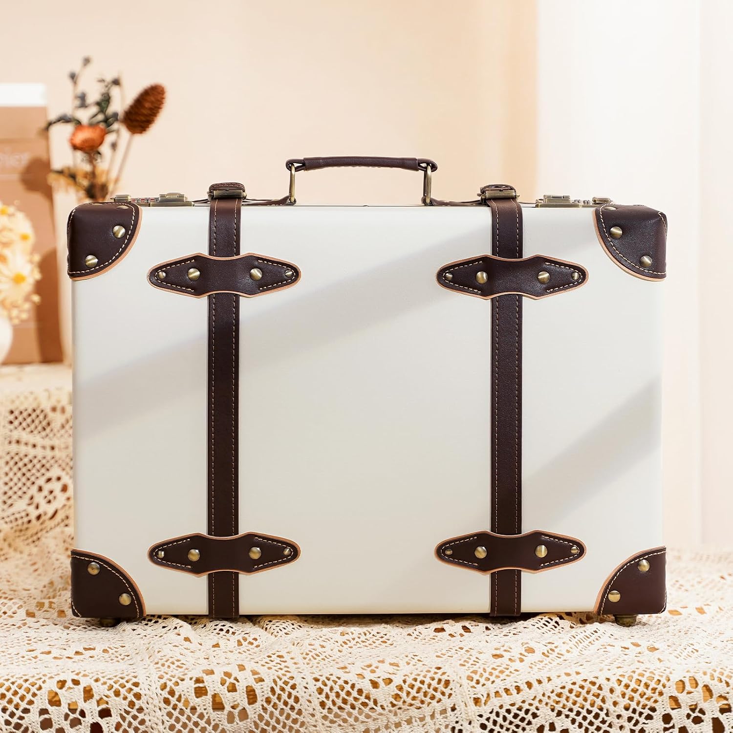 urecity Vintage and Cute Carry-on Overnight Case Non-wheeled Mini Leather Trunk Suitcase with Shoulder Strap