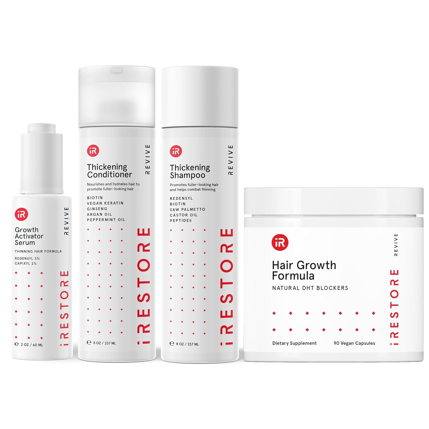 iRestore Max Growth Bundle includes our Hair Growth Formula Supplement, Growth Activator Serum, Thickening Shampoo