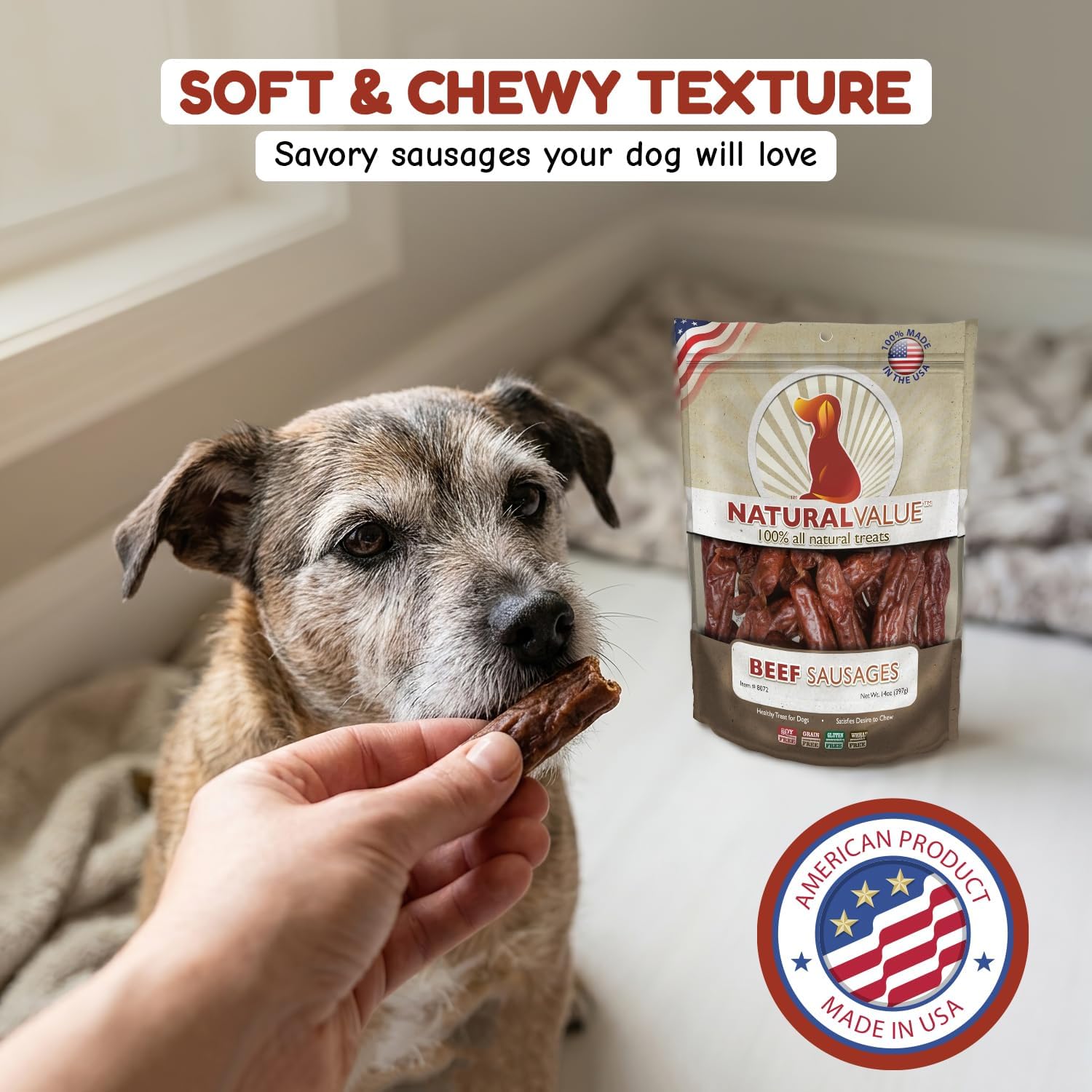 Loving Pets Natural Value Beef Sticks - Soft Jerky Dog Treats for Large & Small Breeds - Healthy Gluten, Wheat, Soy & Grain Free Pet Treats for Dogs