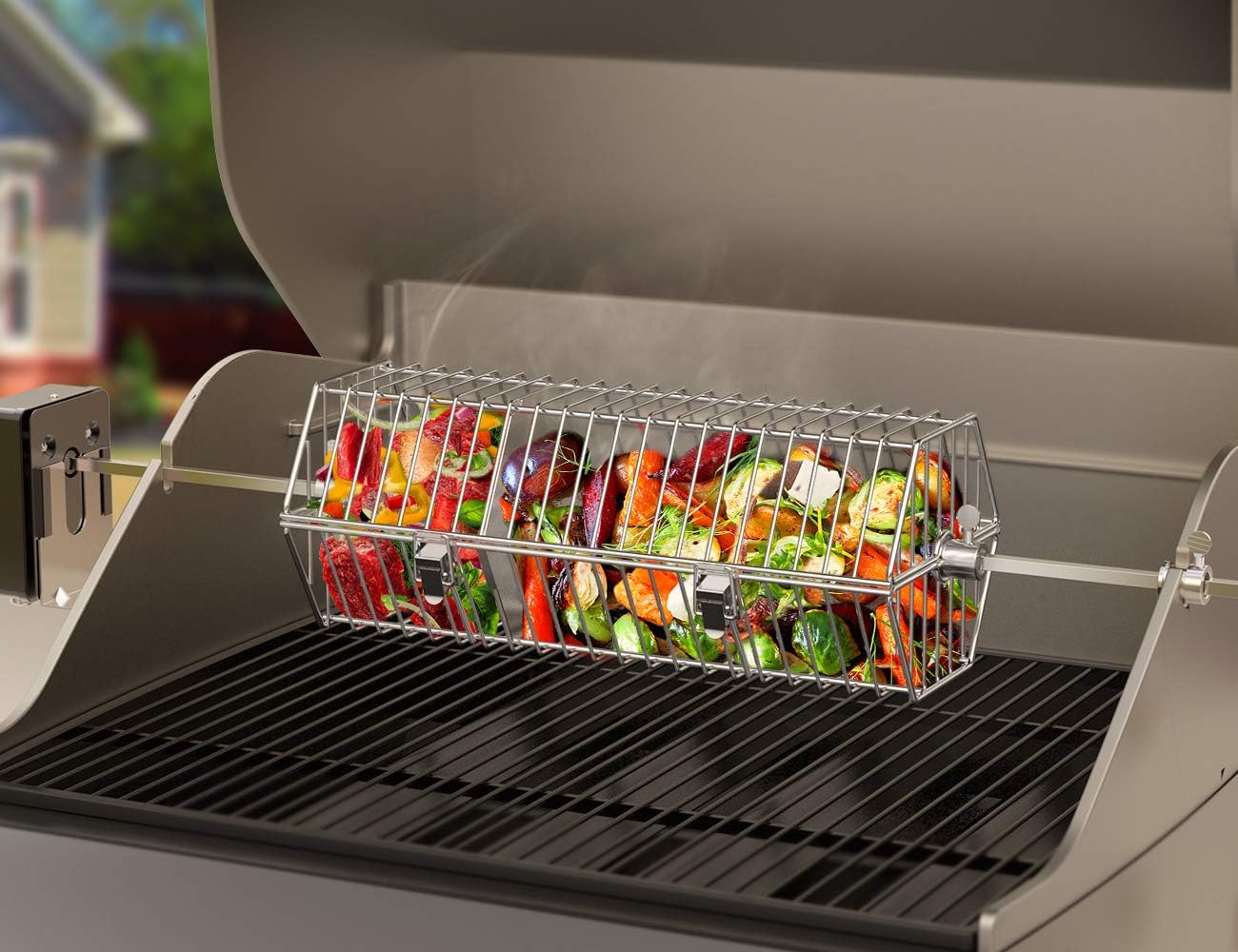 onlyfire Stainless Steel Round Tumble Rotisserie Basket, 17inch | Grill Cooking Accessory, For Most Gas and Charcoal Grills