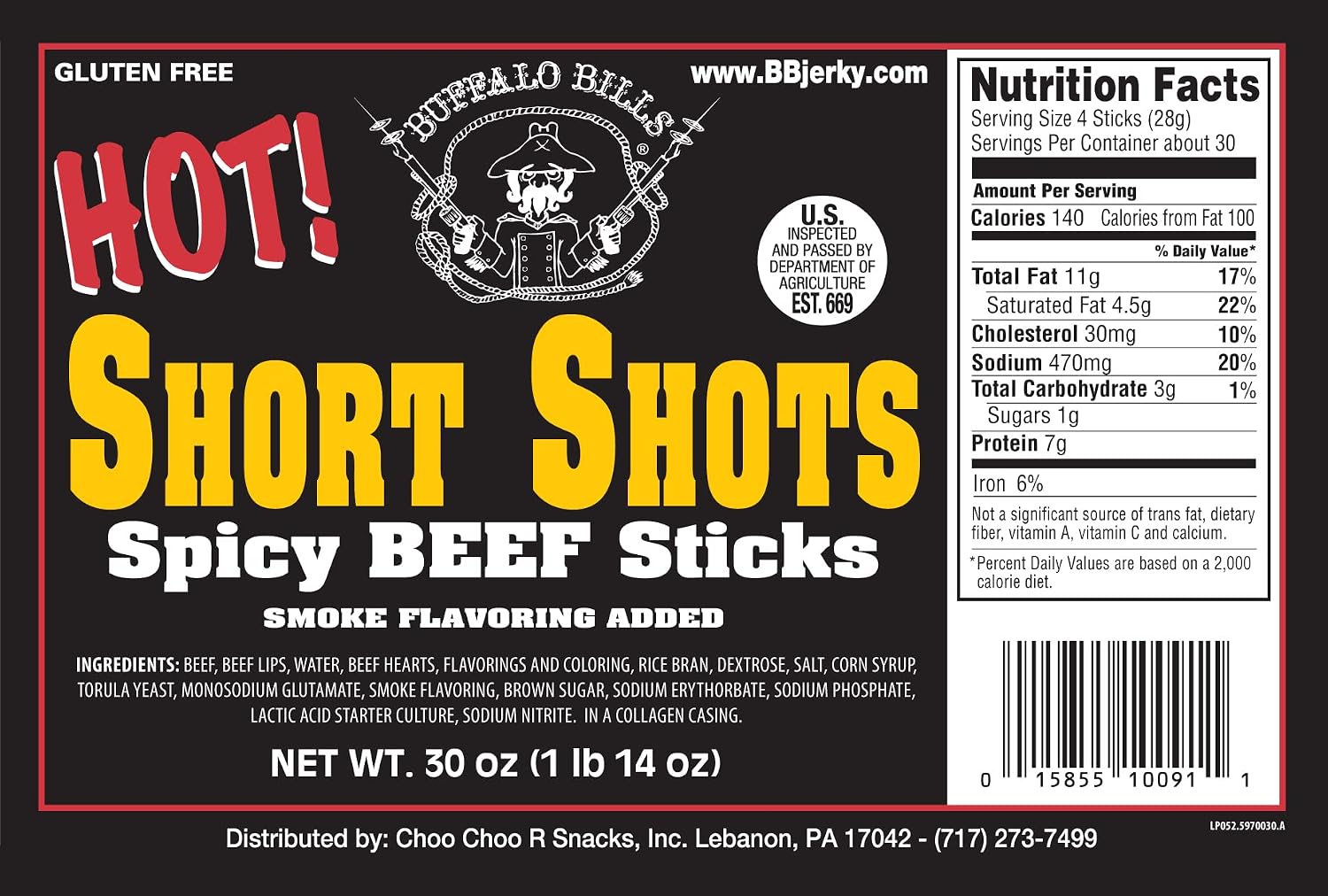 Buffalo Bills Original Short Shots Snack Beef Sticks, 3.5"Sticks/30 Oz Bag | Gluten Free, Ideal For Road Trips, Officesnacks, Hiking, High Protein Snack, Made In The USA, 100% Us-Raised Beef, 120 Sticks