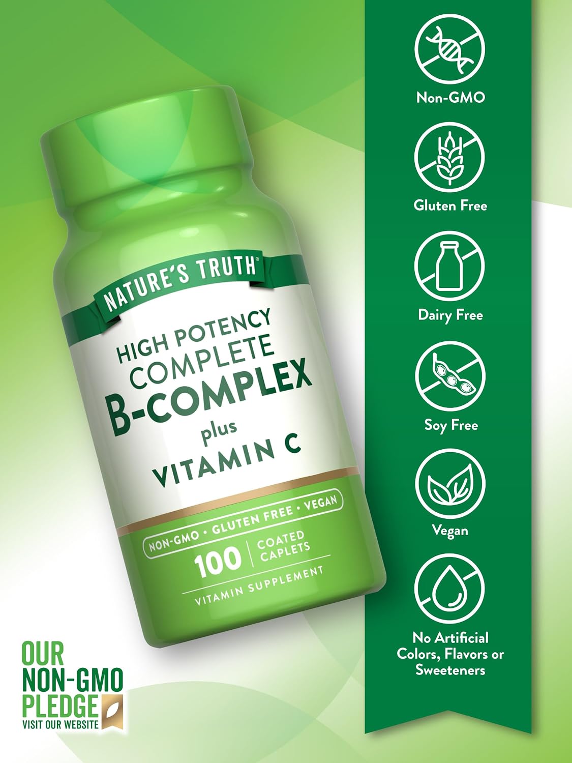 Nature's Truth Vitamin B Complex Plus Vitamin C | 100 Caplets | Vegan, Non-GMO & Gluten Free Supplement | Vegan, Non-GMO & Gluten Free Supplement