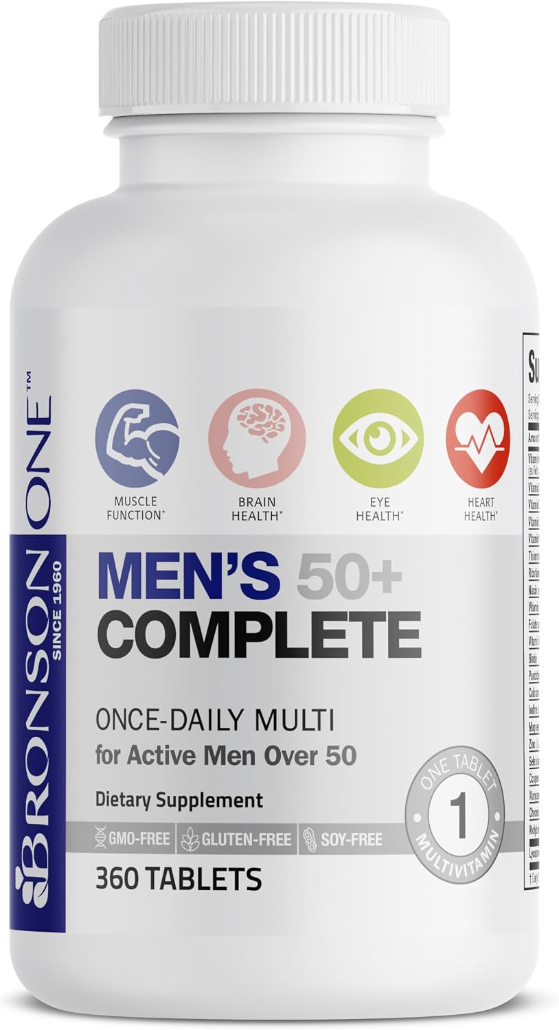 Bronson ONE Daily Mens 50+ Complete Multivitamin Multimineral, 180 Tablets | Once-Daily, Targeted Nutrition For Active Men Over 50, Non-GMO, Gluten-Free, Soy-Free