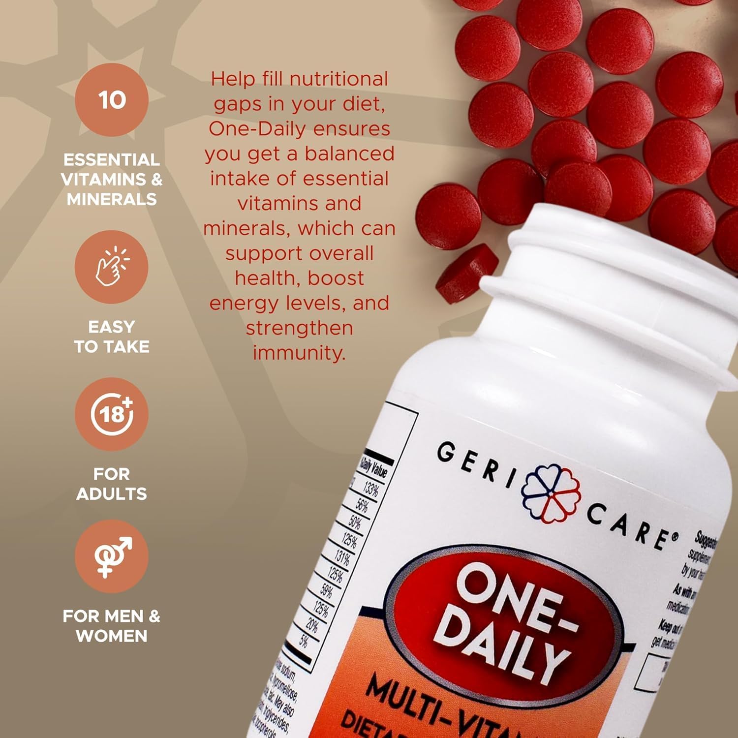 GeriCare One-Daily Multi-Vitamin Tablet, 100 Count Adult Multivitamin Supplement | Easy-to-Take Dietary Supplement with Vitamins A, C, D3, B, Calcium| Vitamin & Mineral Complex (2 Pack)