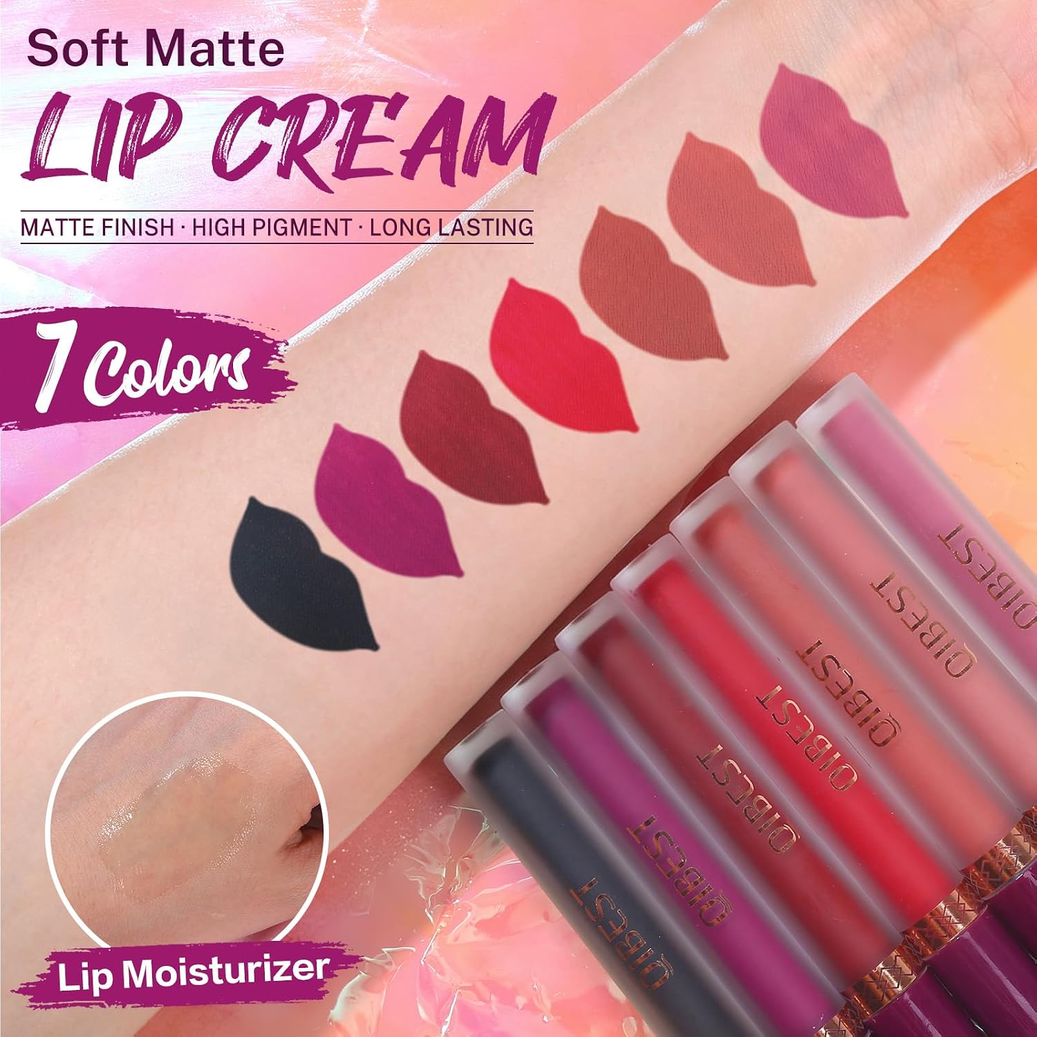 QiBest 7Pcs Matte Liquid Lipstick + 1Pcs Lip Plumper Makeup Set Kit, Pigmented Long Lasting Lip Gloss Set