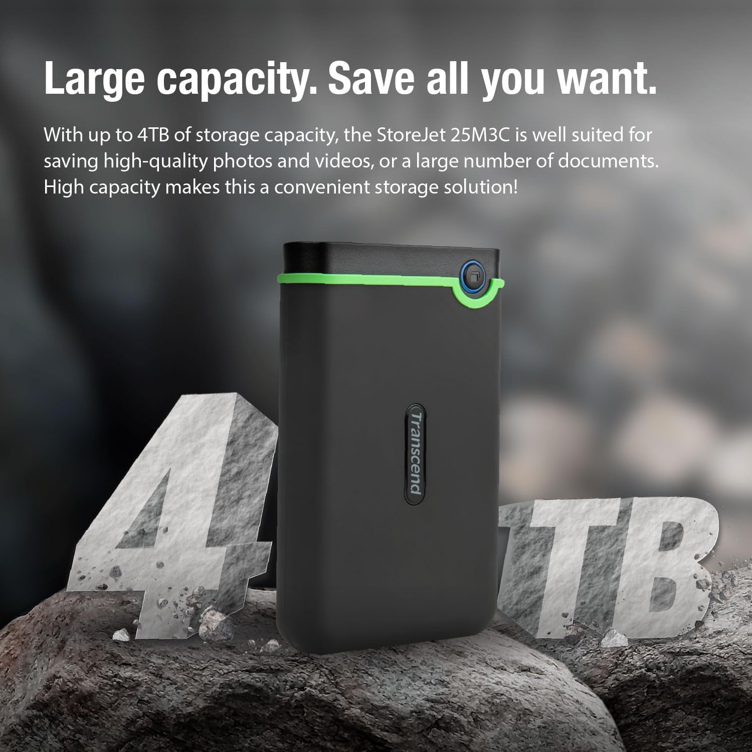 Transcend 4TB StoreJet 25M3 Rugged Portable HDD, One Touch Backup