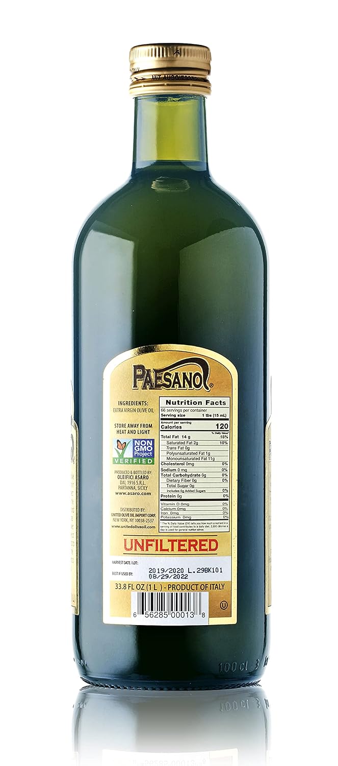 Paesanol Extra Virgin Olive Oil, Unfiltered, 33.8 Fl Oz (1L) | High Polyphenol, Premium First Cold Pressed, Hand Picked, Early Harvest in Sicily, Award Winning Italian EVOO