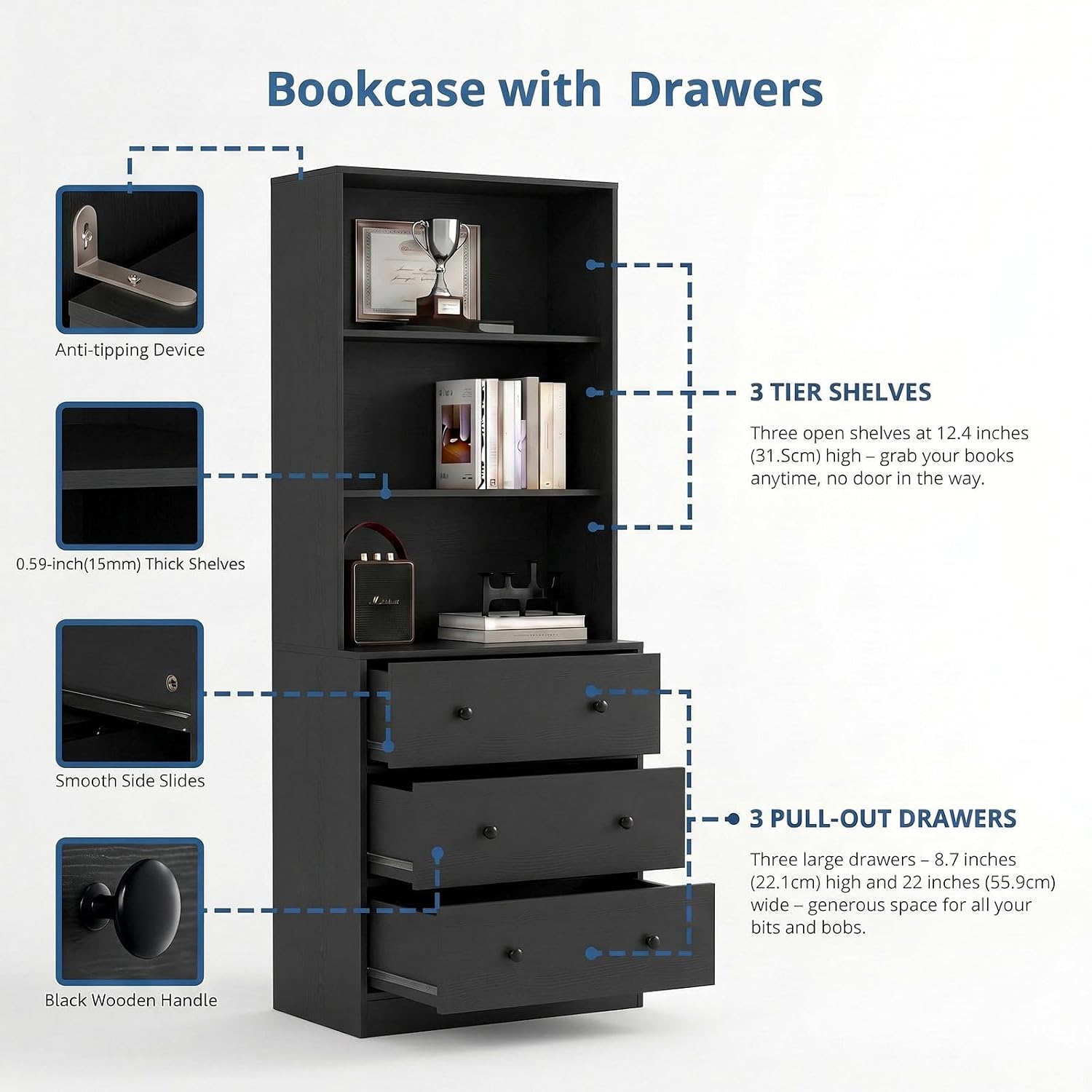 TUSY 71" H Bookcase with Storage | 6-Tier Modern Bookshelf with Drawers, Display Bookcase with Glass Doors, White Curio Cabinet for Home Office, Living Room