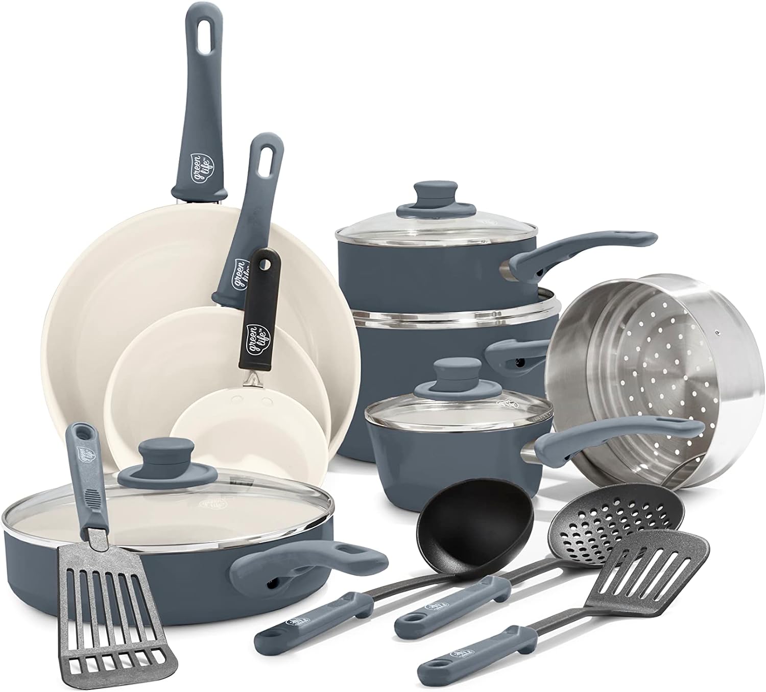 GreenLife 16 Piece Ceramic Nonstick Pots & Pans Cookware Set, Turquoise | PFAS-Free Ceramic Nonstick, Stockpot, Frying Pans, Saucepans, Sauté Pan, Stay-Cool Handles, Dishwasher & Oven Safe up to 350F