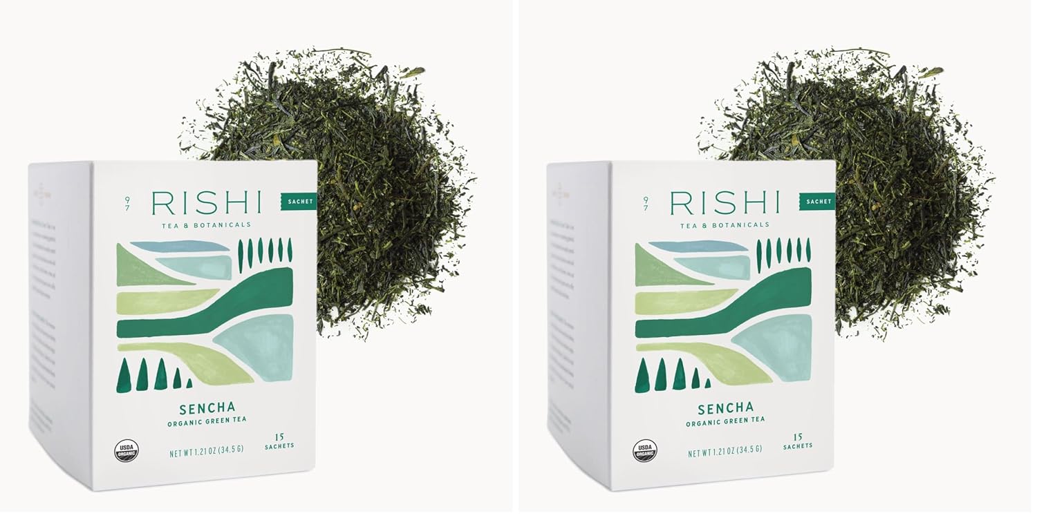Rishi Tea Sencha Green Japanese Organic Sachet Tea Bags, Caffeinated, 15ct | Classic Japanese Sencha Green Tea, Enjoy Hot or Iced, Sustainable, 15 Servings