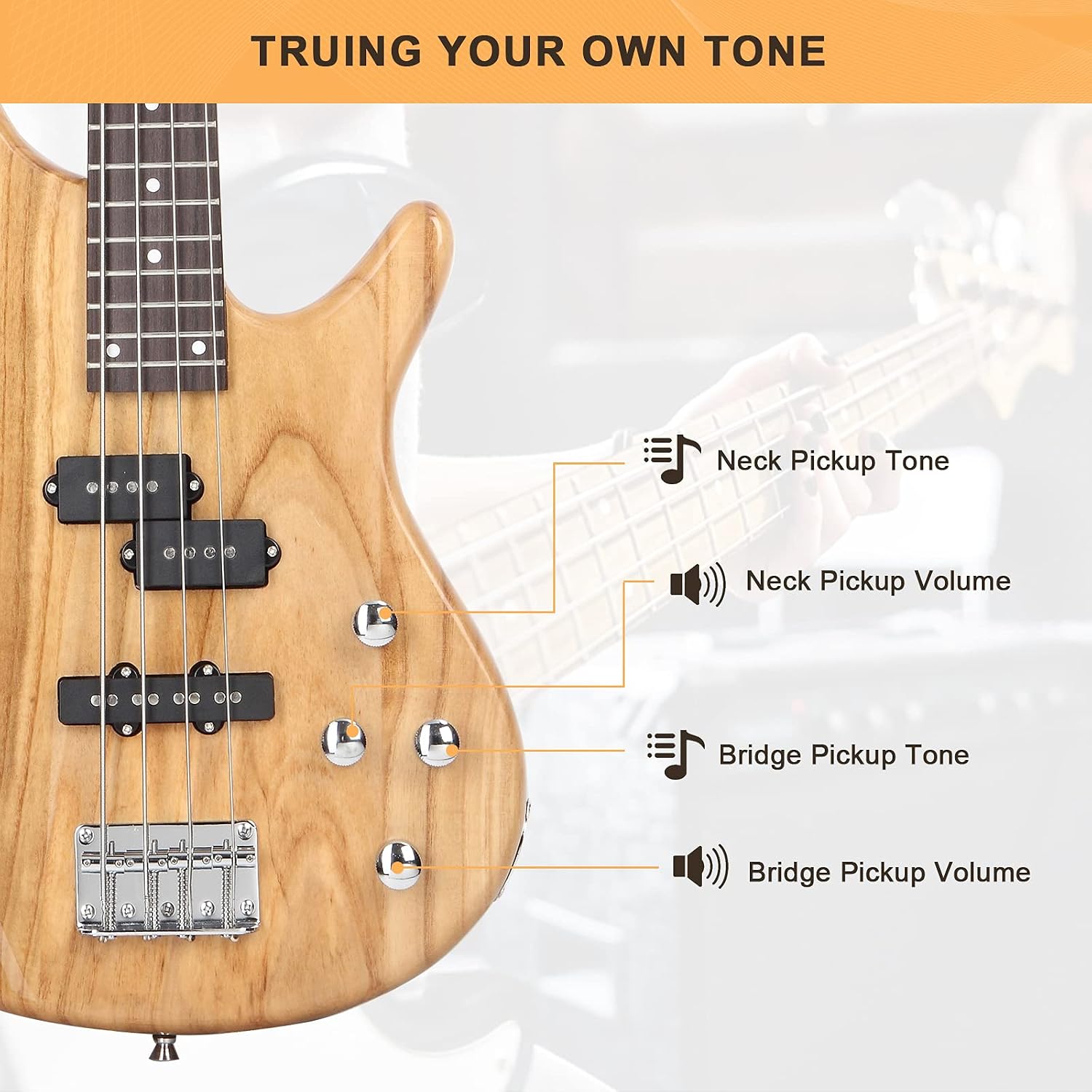 GLARRY GIB Series 4 String Electric Bass Guitar Beginner Kit Full Size with 20W AMP, Strap, Bag and Accessories (Burlywood)