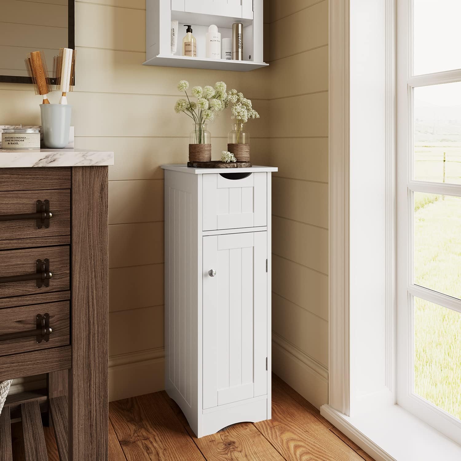 RiverRidge Ashland Slim Bathroom Storage Cabinet with Drawer, White | Inset Beadboard Panels, Narrow Medicine Cabinet, Linen Cabinet