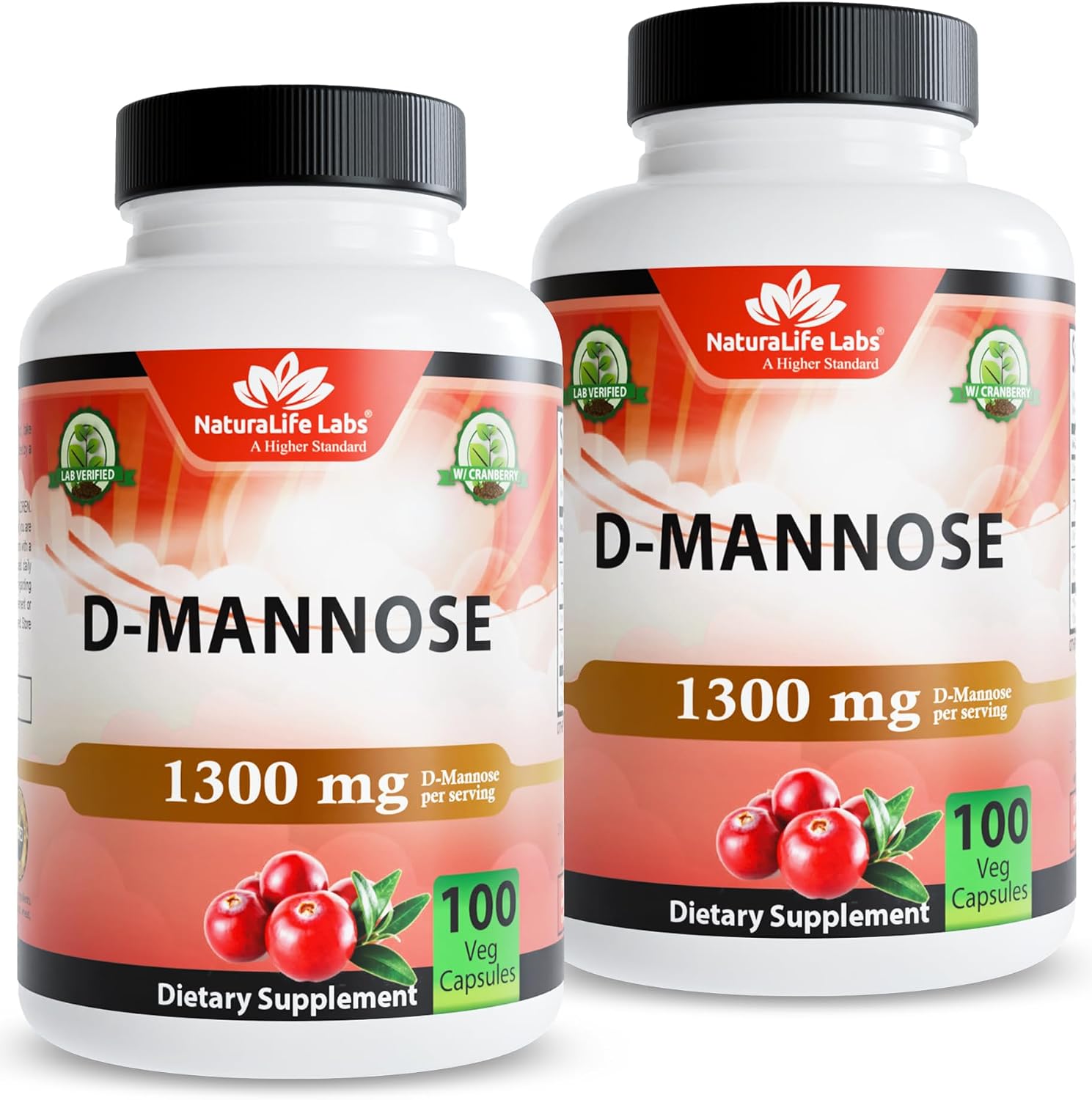 NaturaLife Labs Organic D-Mannose 1300mg + Organic Cranberry Extract 100mg per Serving – Urinary Tract Support – Non-GMO, Gluten-Free & Vegan – 100 Capsules