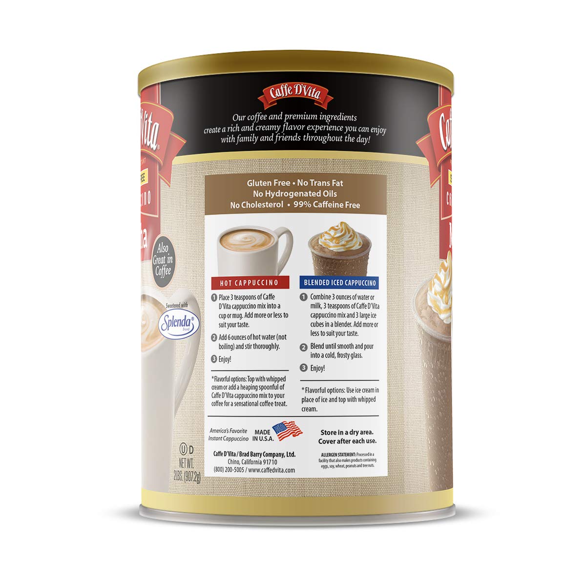 Caffe D'Vita Mocha Cappuccino Mix - 4 lb can (64 oz.) | Instant Cappuccino Mix, Gluten Free, No Cholesterol or Trans Fat, 99% Caffeine Free, Mocha