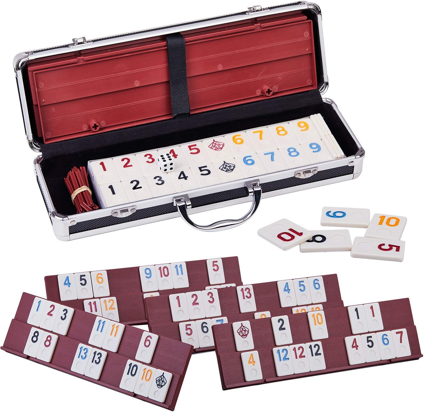 Doublefan Rummy Cube 4 Player Edition, 106 Rummy Cube Game Set with with 4 Plastic Racks in Portable Aluminum Case