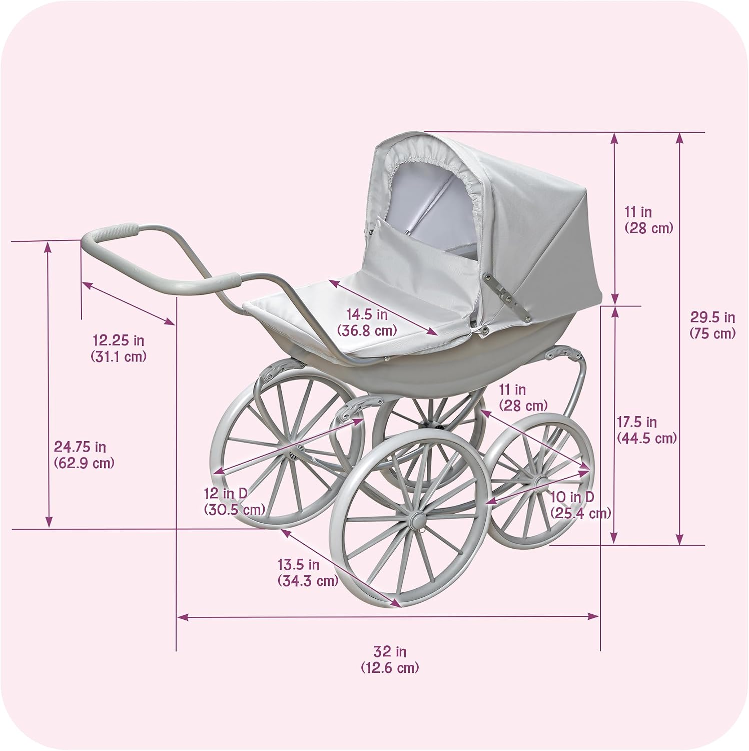 Badger Basket London Doll Pram Stroller with Canopy & Sturdy Handle - Gray | Fits 18-20" dolls, adjustable canopy, sturdy handle
