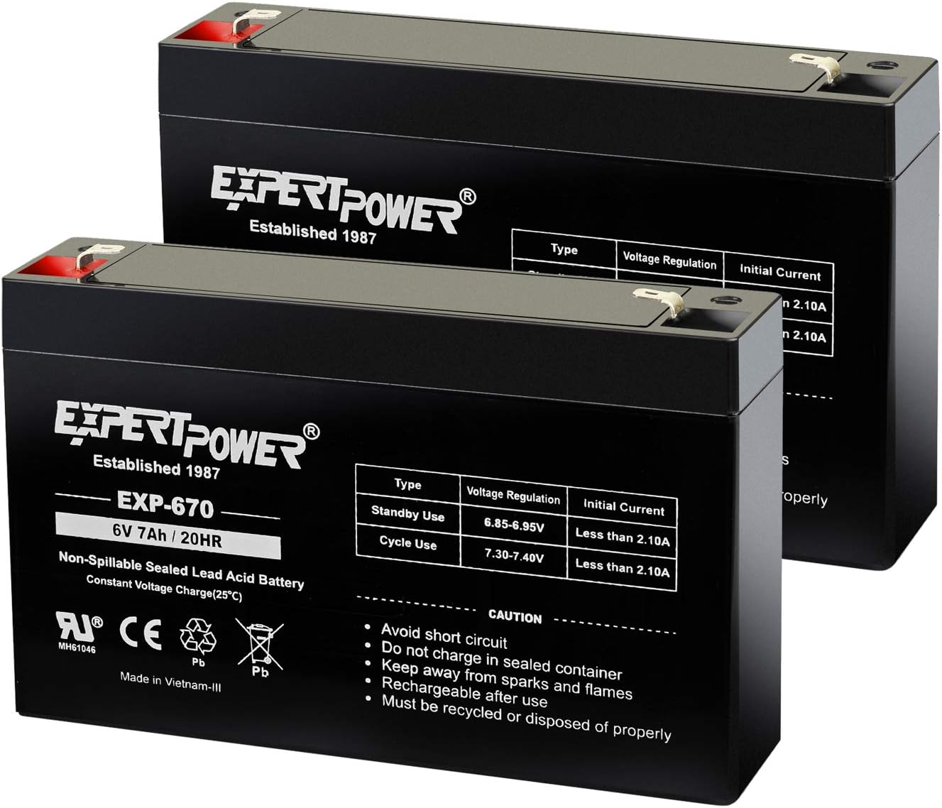 ExpertPower EXP670-6V 7Ah Rechargeable 6V Battery for Ride On Toys, Emergency Light, Replacement for PEA6V65F3, Enduring 3FM7, UB670 Sealed Lead Acid (SLA) 6 Volt Battery with F1 Terminal