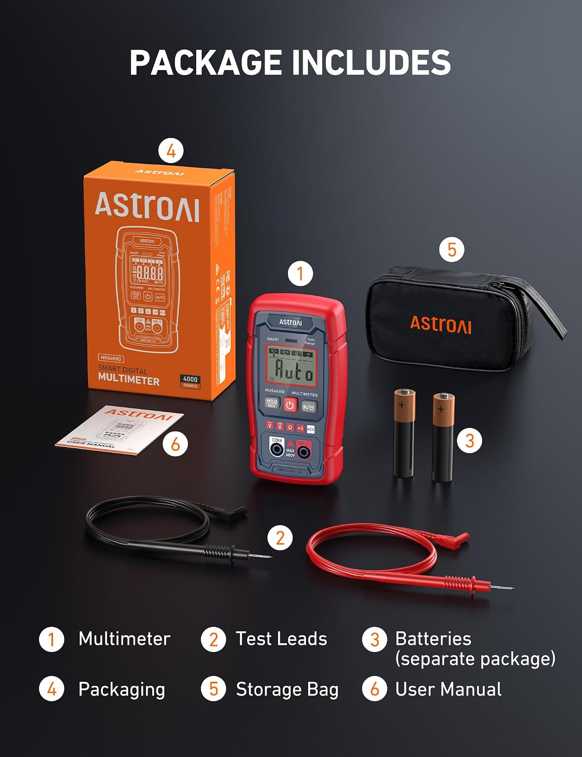 AstroAI Digital Multimeter, TRMS 4000 Counts, Auto-Ranging, Battery Test