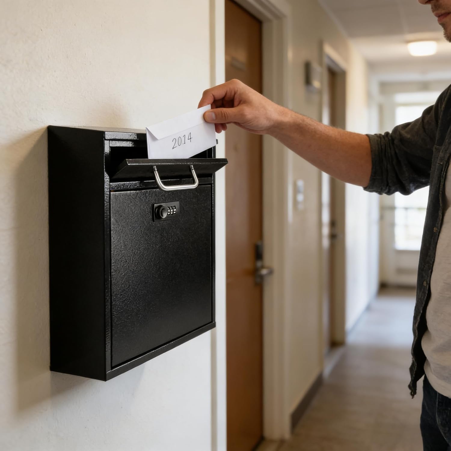 KYODOLED Steel Key Lock Mail Boxes Outdoor, Locking Wall Mount Mailbox, Security Lock Drop Box, Collection Boxes for Home, Office or Commercial,16.2H x 11.2L x 4.6W Inches, Black X Large