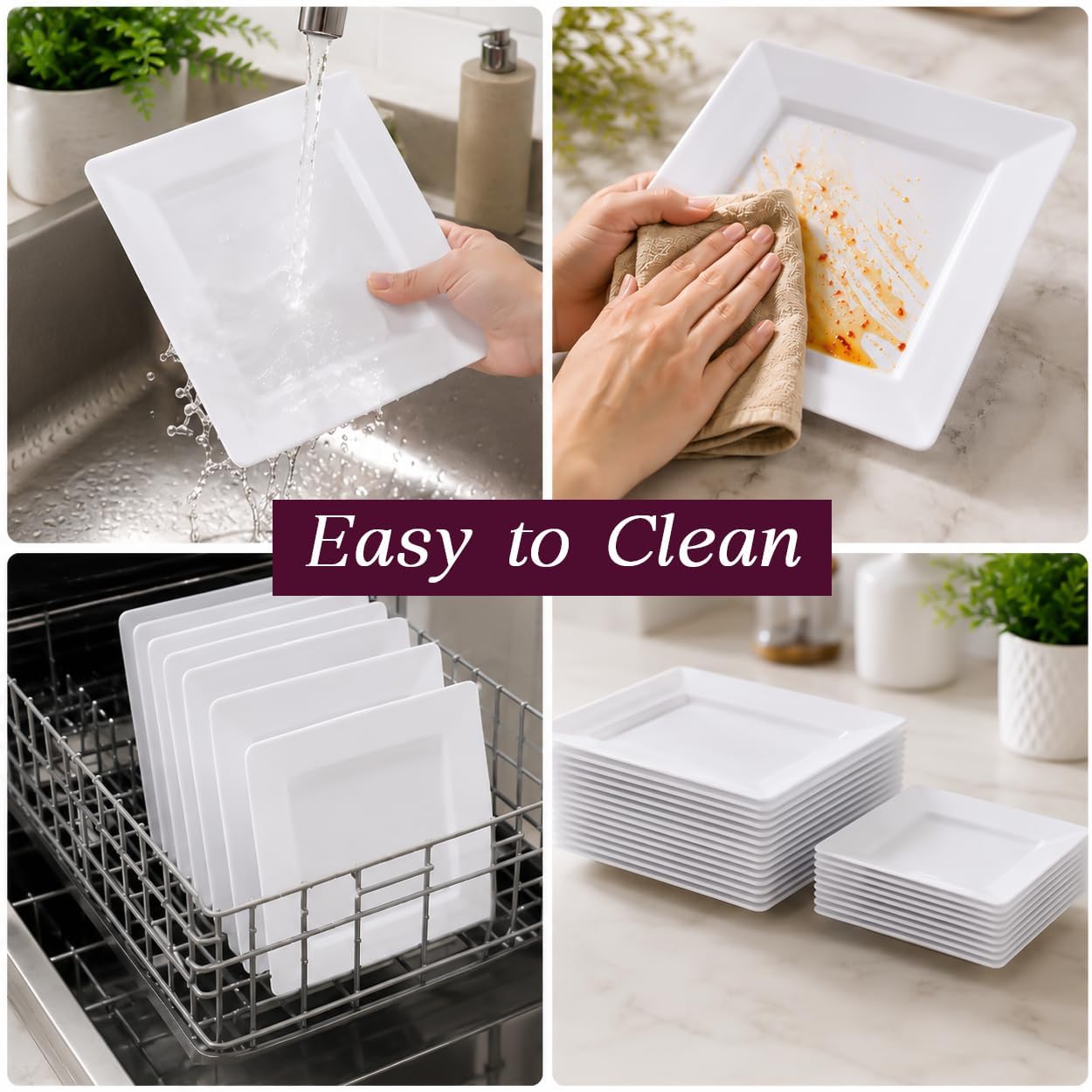 Aya's 60ct Square Plastic Disposable Plates, White - 9.5-Inch 30 Dinner and 6.5-Inch 30 Salad Plates for Party - Heavy-Duty Hard Plastic Design for Wedding, Event, Christmas, and Thanksgiving