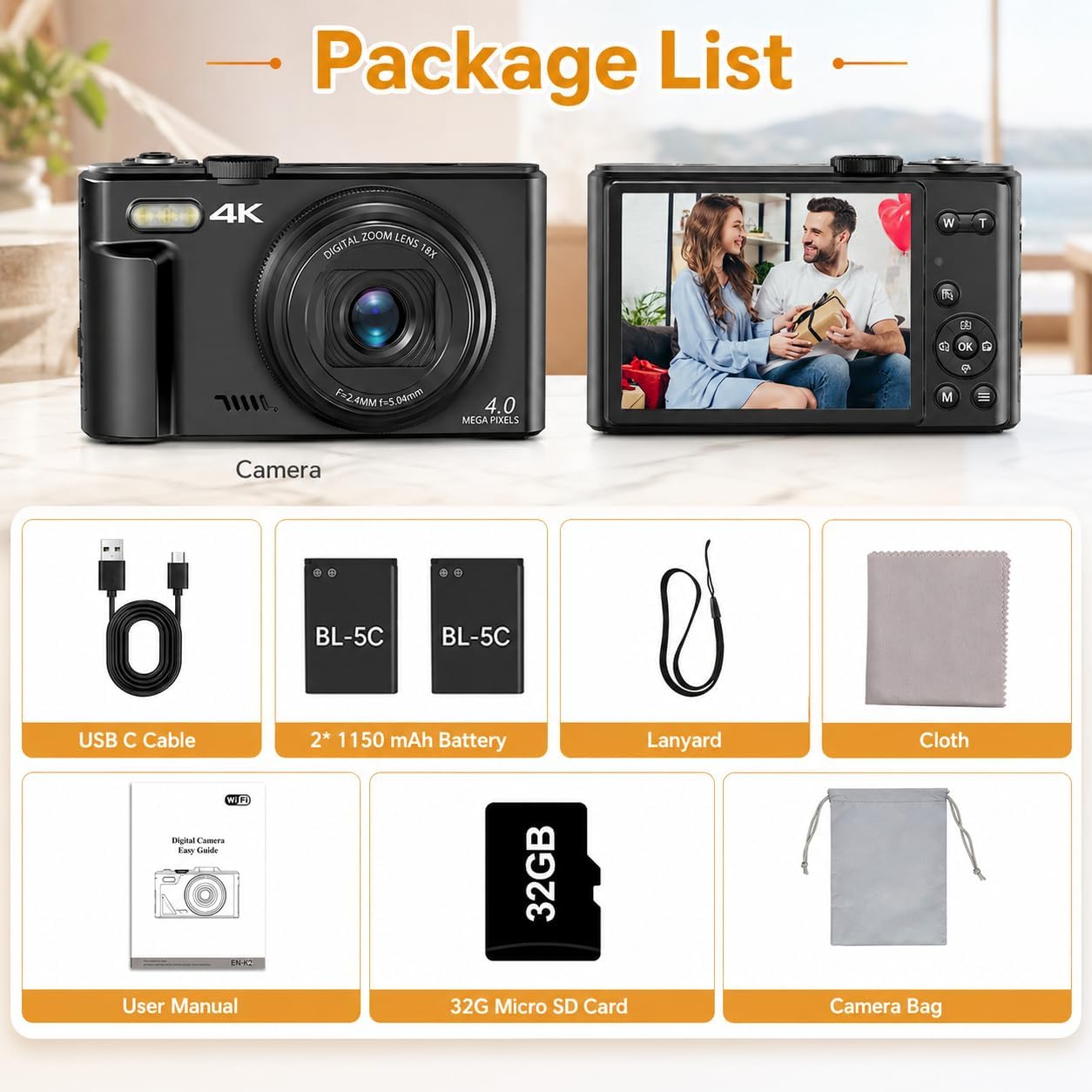 4K Digital Camera for Photography, 64MP Vlogging Camera for YouTube with 3" 180° Flip Screen, WiFi Compact Camera with 18X Digital Zoom, Comes with 32GB Micro SD Card & 2 Batteries, Black