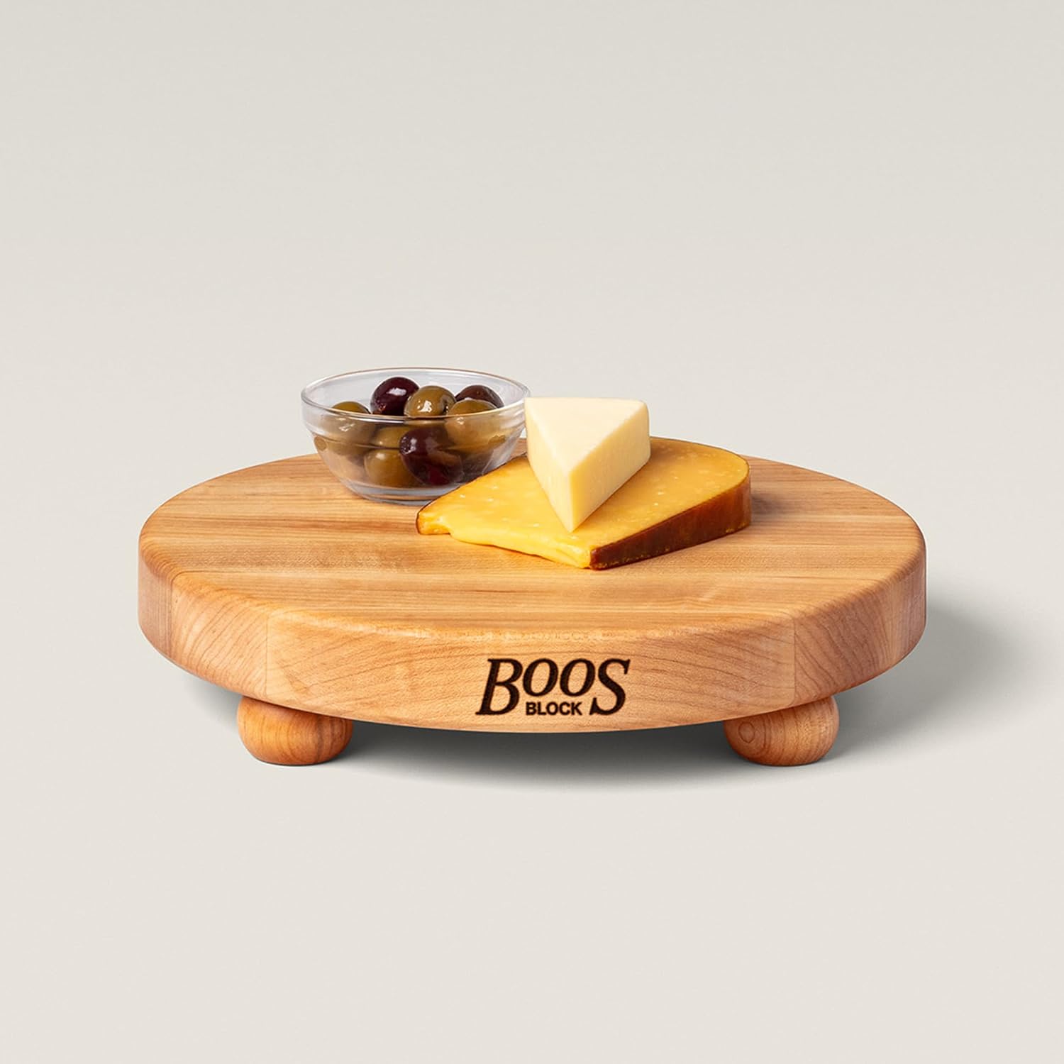 John Boos B Series Round Wooden Maple Cutting Board 12”x12” – 1.5” Thick, 12-lb Non-Reversible Butcher Block with Wood Bun Feet & Edge-Grain