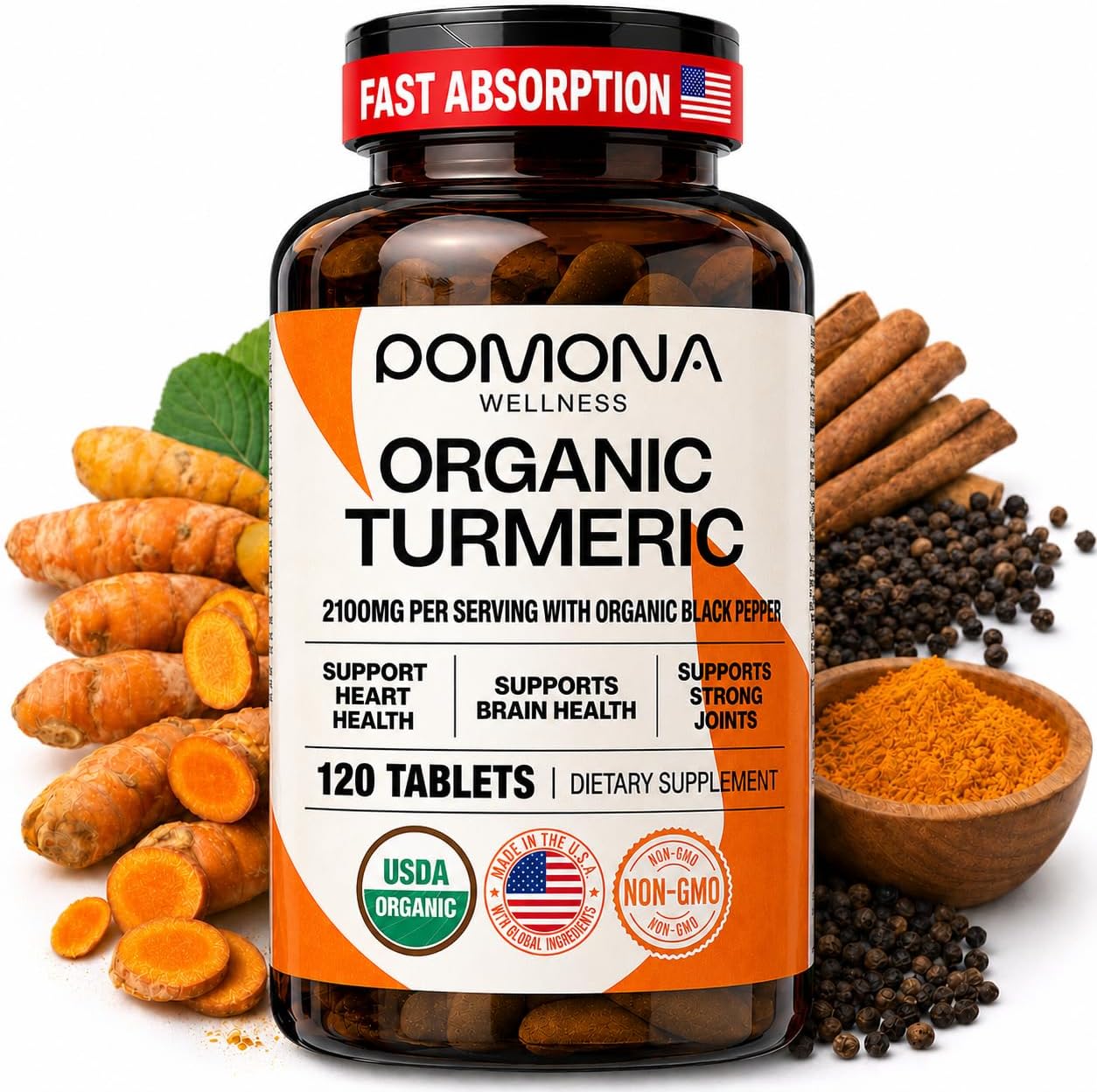 Pomona Wellness Organic Turmeric Supplement 2100 mg, 120 Tablets