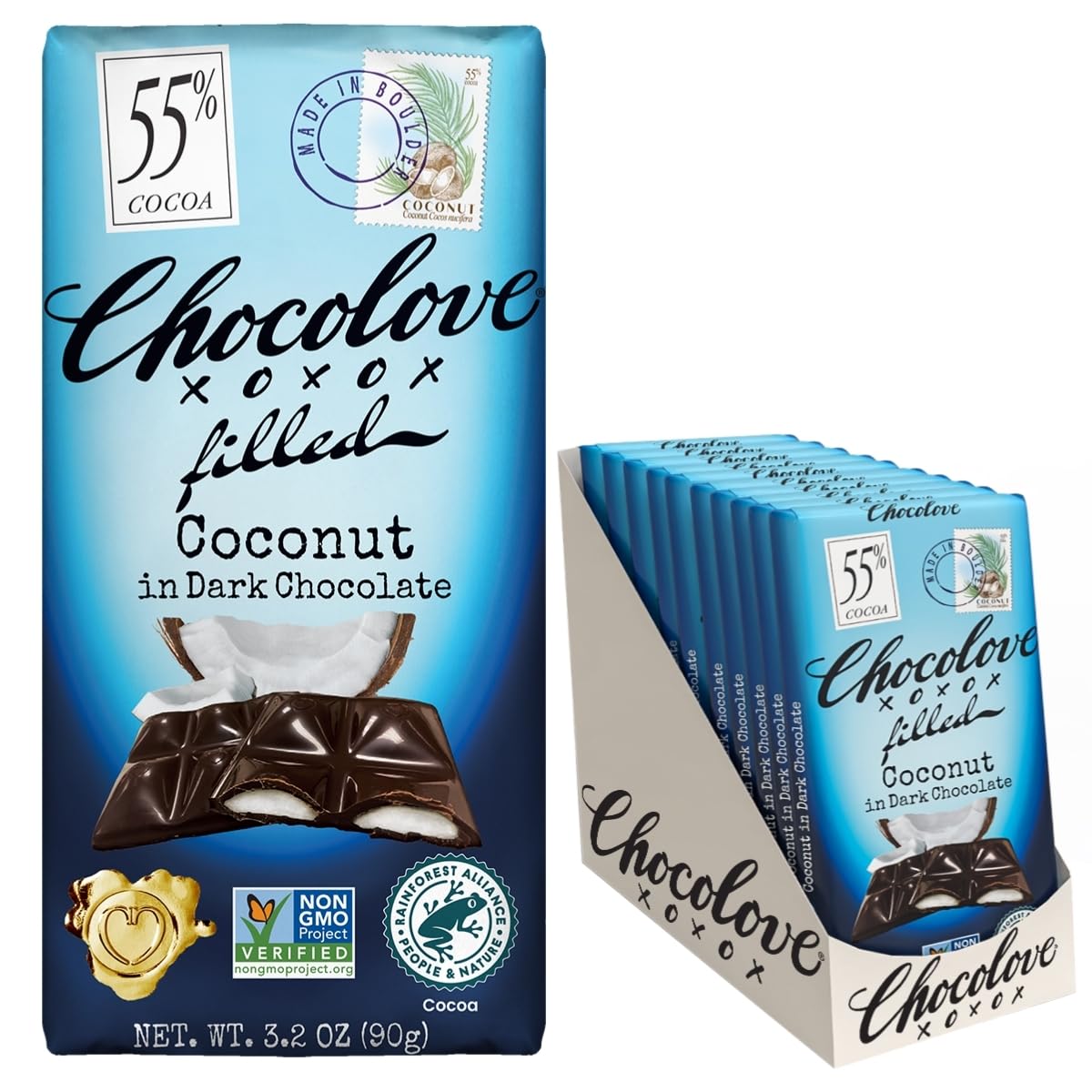 Chocolove Salted Caramel Chocolate Bars | 55% Cocoa | Silky Caramel with a Hint of Salt | Made with Premium Chocolate | Non-GMO, & Gluten-Free, 3.2 oz Bar (10 Pack)