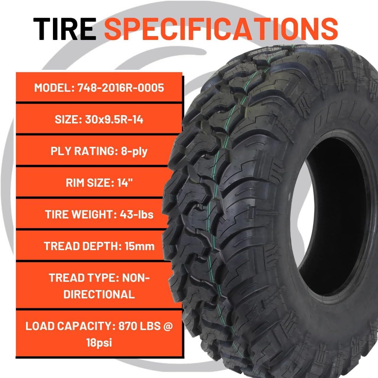 Ocelot WR2016 30x9.5x14 UTV Tires All Terrain, Durable 8-Ply Radial Construction and Non-Directional Tread