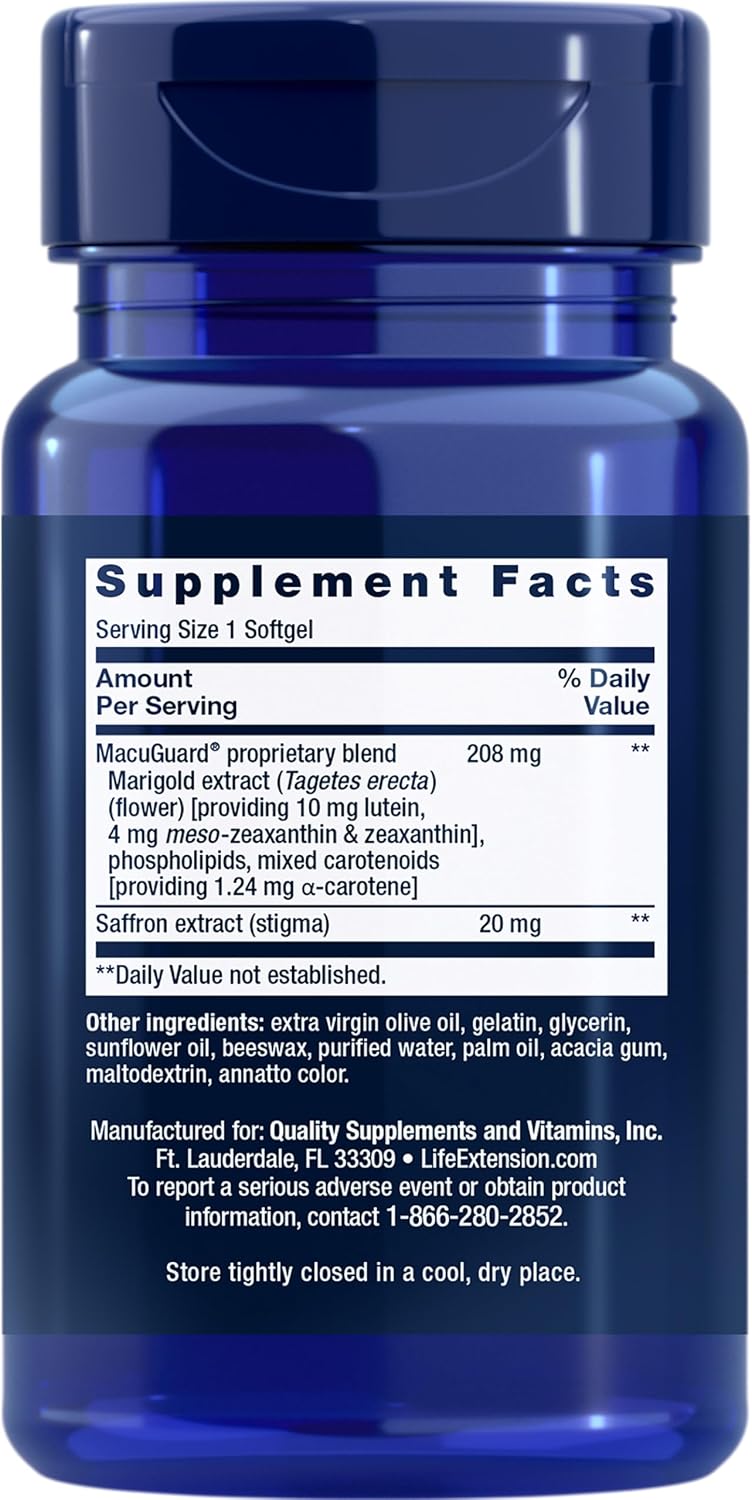 Life Extension MacuGuard Ocular Support with Saffron – Eye Health Supplement for Healthy Vision – with Lutein, Meso-zeaxanthin, zeaxanthin