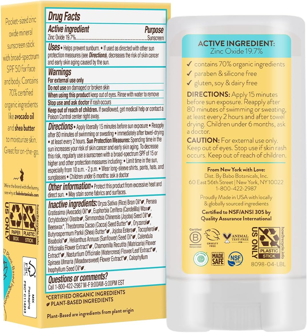 Babo Botanicals Super Shield SPF 50 Stick Sunscreen - 70% Organic Ingredients - Natural Zinc Oxide - For all ages - NSF & MADE SAFE Certified - EWG