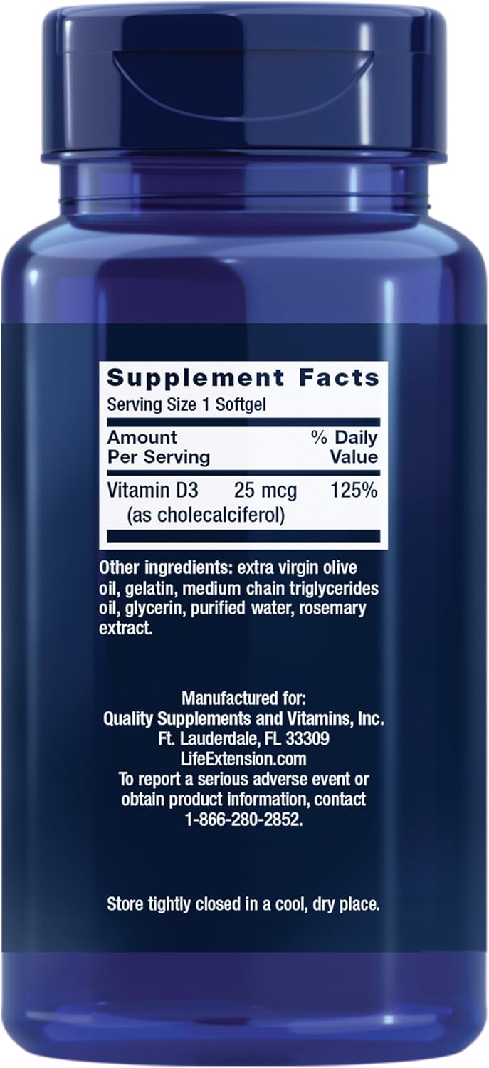 Life Extension Vitamin D3 25 mcg (1000 IU), Immune System Support, Bone Health, Whole-Body Health, Value Size, Gluten-Free, Non-GMO, 250 softgels | Bone Health, Cognitive Health & Immune System Support, Gluten-Free & Non-GMO, Once Daily for a Two-Month S…