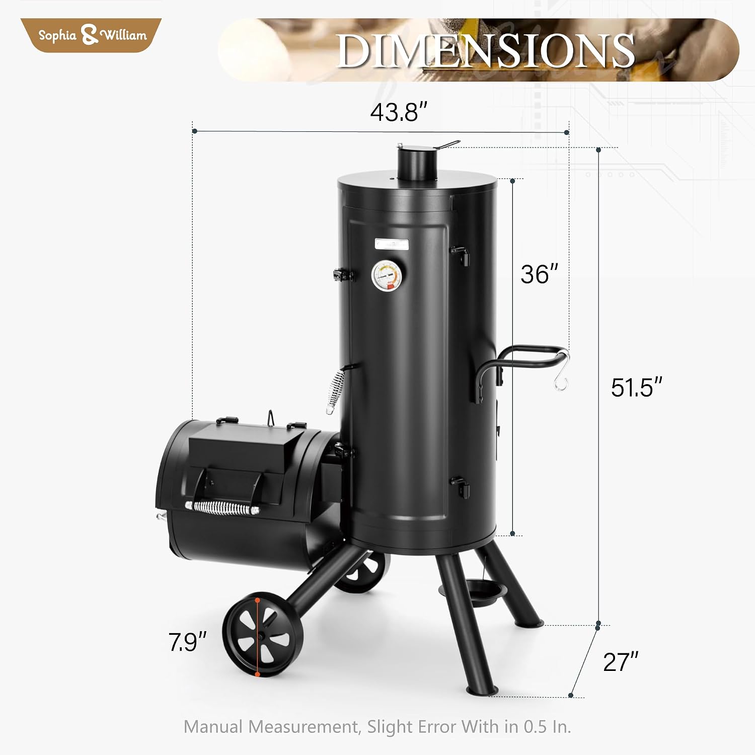 Sophia & William Vertical Offset Charcoal Smoker 961 SQ.IN. Cooking Area | Extra Large Heavy-Duty Outdoor BBQ Gill Offset Smoker with Warming Tray, Push-out Ash Tray for Outdoor Cooking, Black