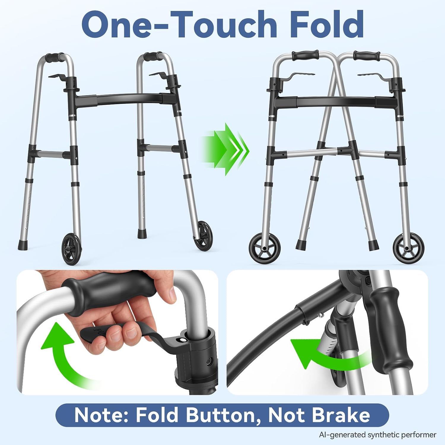 Loyoda Folding Walker with Basket and Glide Skis, 5" Wheels, Lightweight | Standard Walker for Seniors and Adults, Offers 8 Height Adjustments (31"-38"), Supports up to 350 lbs