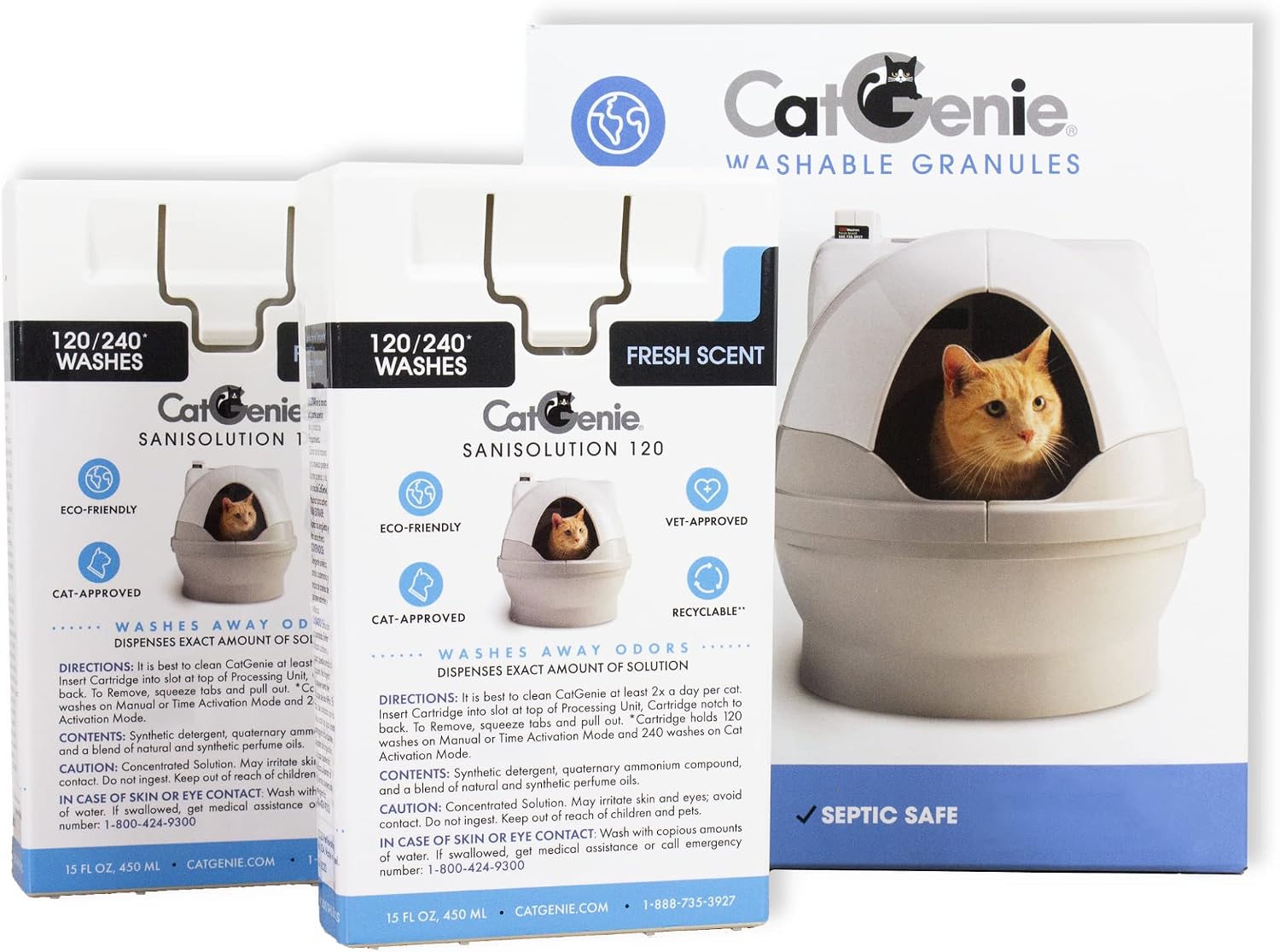 CatGenie 2+1 Supply Combo, 2 SaniSolution Cartridges + Washable Granules, Self Cleaning Cat Litter Box Refill Bundle, Compatible with CatGenie A.I, Fresh Scent