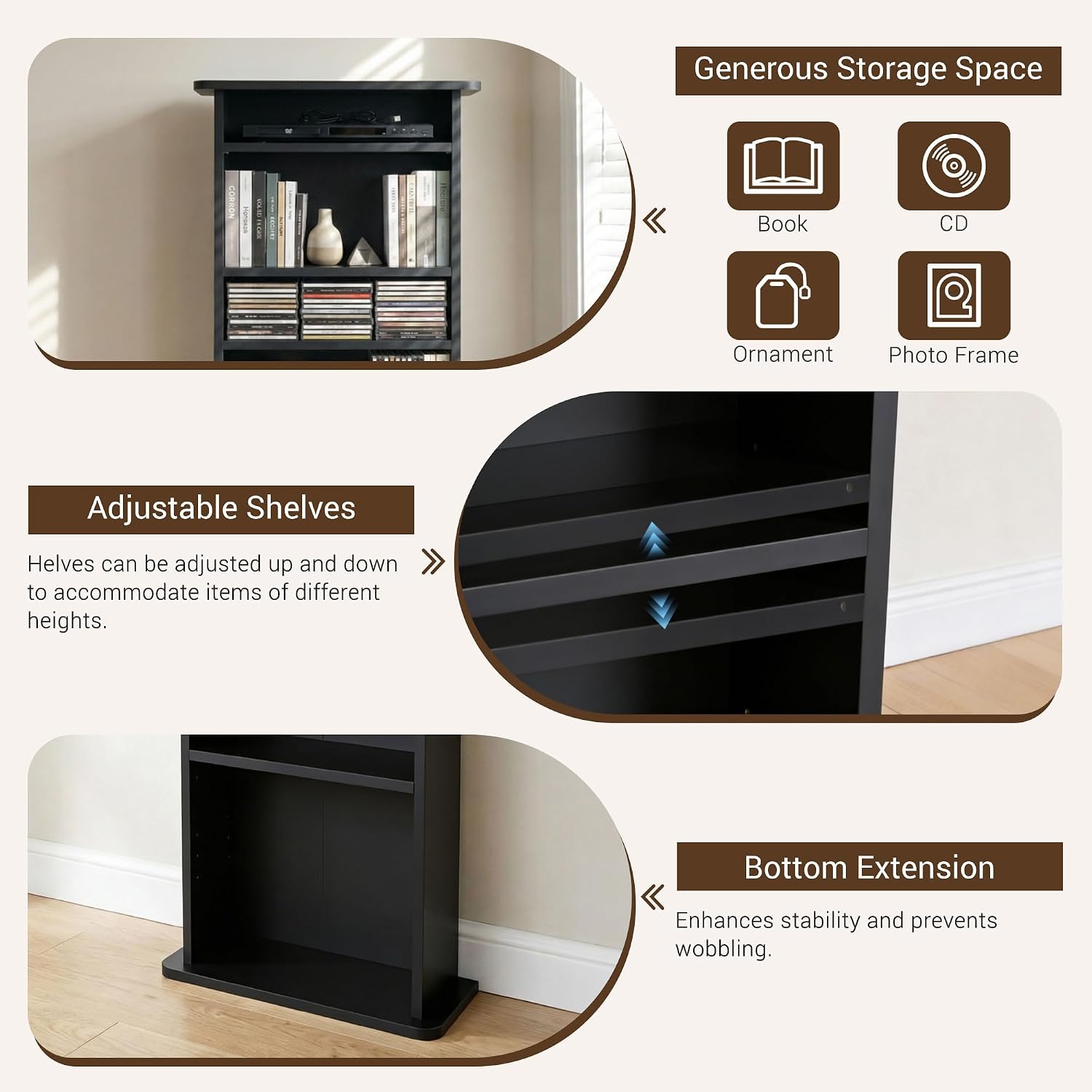 ZENY Multimedia Storage Cabinet DVD Rack Book Shelf Organizer Stand Audio Media Tower, 36" X 19" X 7" Black
