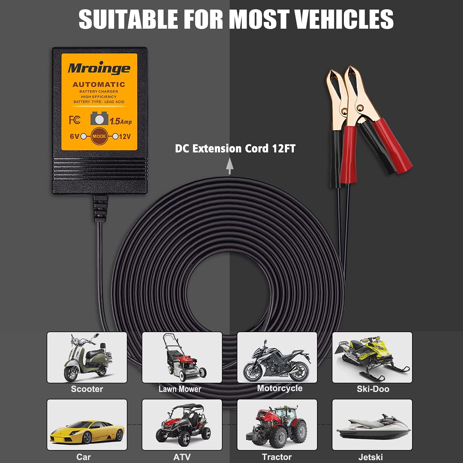 Smart Battery Charger, Mroinge 6V / 12V 1.5A Fully Automatic Trickle Charger/Maintainer for Motorcycle, ATV, Lawnmowers and More