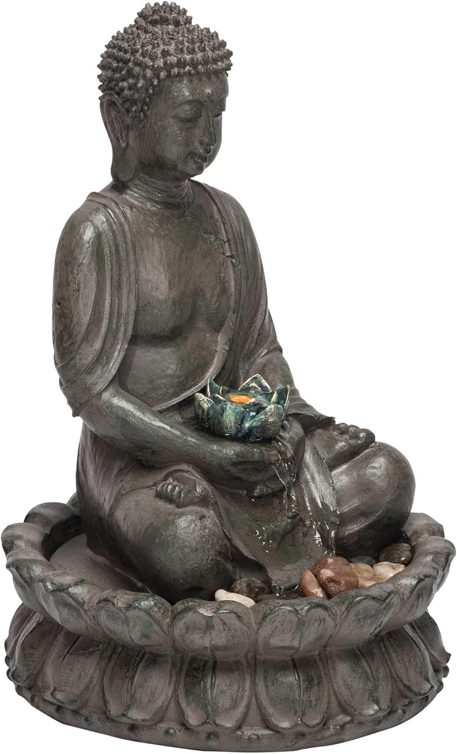 Alpine Corporation GEM178 Indoor Tabletop Meditating Buddha Water Fountain with LED Lights and Lotus Flower, 19", Beige