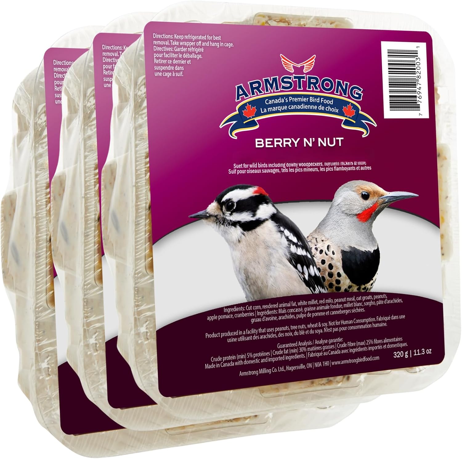 Armstrong Wild Bird Food Berry N' Nut Suet Cake, 11.3 Ounces (Pack of 3) - with Cut Corn, Rendered Beef Fat, White Millet