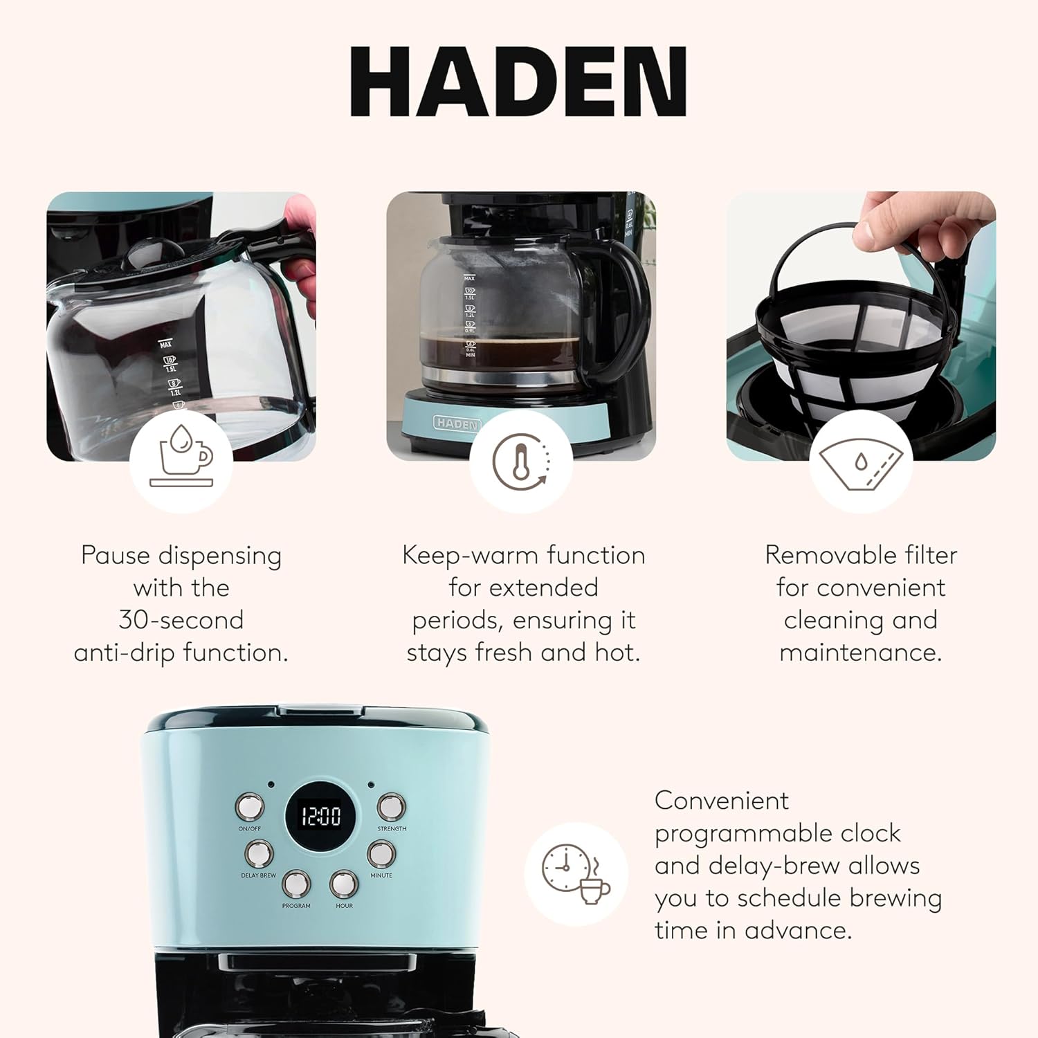 HADEN 12-Cup Programmable Coffee Maker for Home or Office, Putty & Chrome – Drip Brewer Machine with Brew Strength, Delay Brewing