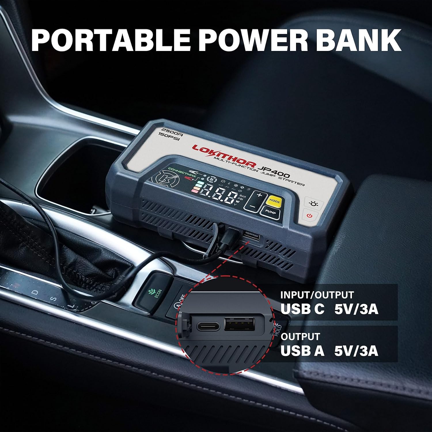 LOKITHOR JP400 Jump Starter with Air Compressor for 8.5L Gas/6.5L Diesel | 2500A 12V Portable Jumper Starter for Car, 150PSI Tire Inflator, 300 Lumen LED Light, Power Bank, ConnectMax, Jumper Cables