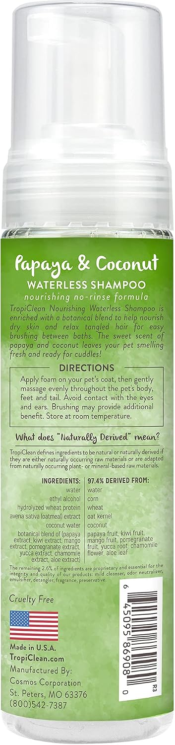 TropiClean No Rinse Waterless Dog Shampoo, Papaya & Coconut Scent, 7.4oz