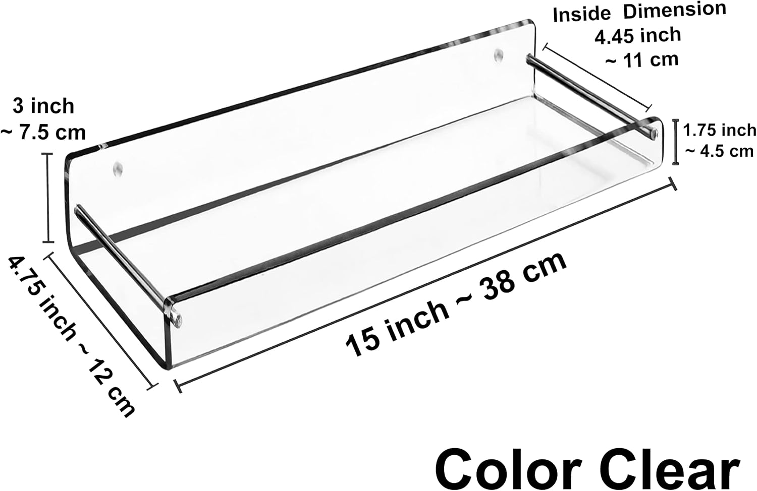 AMT 2 Pack Acrylic Floating Shelves, 15" L x 4" W, Clear Bathroom Wall, Bookshelves, Invisible Display for Office, Bedroom