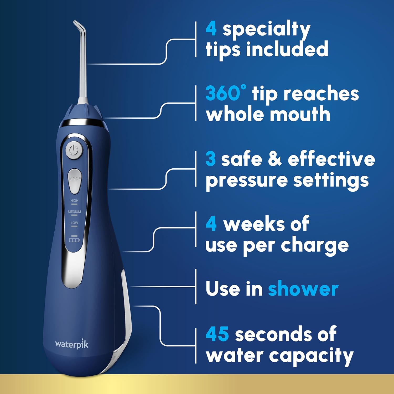Waterpik Cordless Advanced Portable Water Flosser, Rechargeable, Black | 3 Settings, 4 Tips, Travel Bag, for Gums, Teeth, Dental Braces, Implants, Shower Use ADA Accepted WP-582 Packaging May Vary