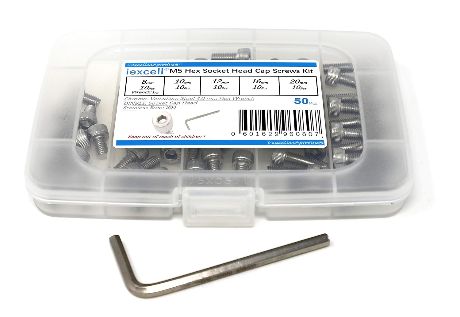 iexcell 20 Pcs M8 x 30/35/40/45/50 mm Stainless Steel 304 Hex Socket Head Cap Screws Bolts Assortment, Fully Threaded